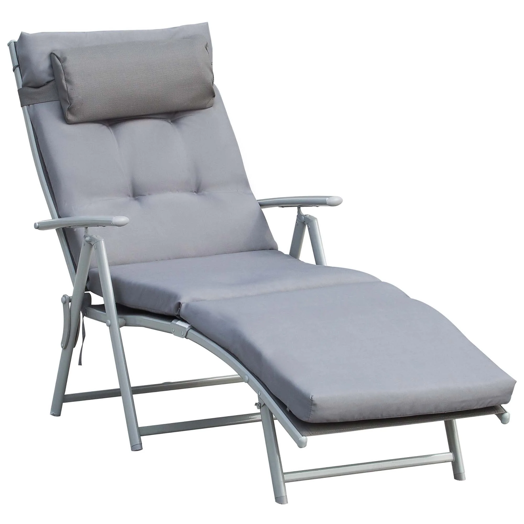 Sun Lounger/Beach/Garden, Foldable Adjustable with Cushion, Metal/Fabric Grey - Image 2