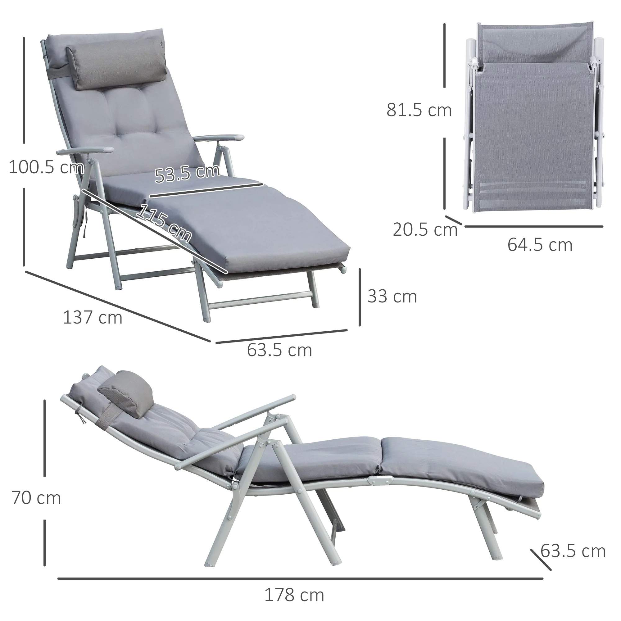Sun Lounger/Beach/Garden, Foldable Adjustable with Cushion, Metal/Fabric Grey - Image 3