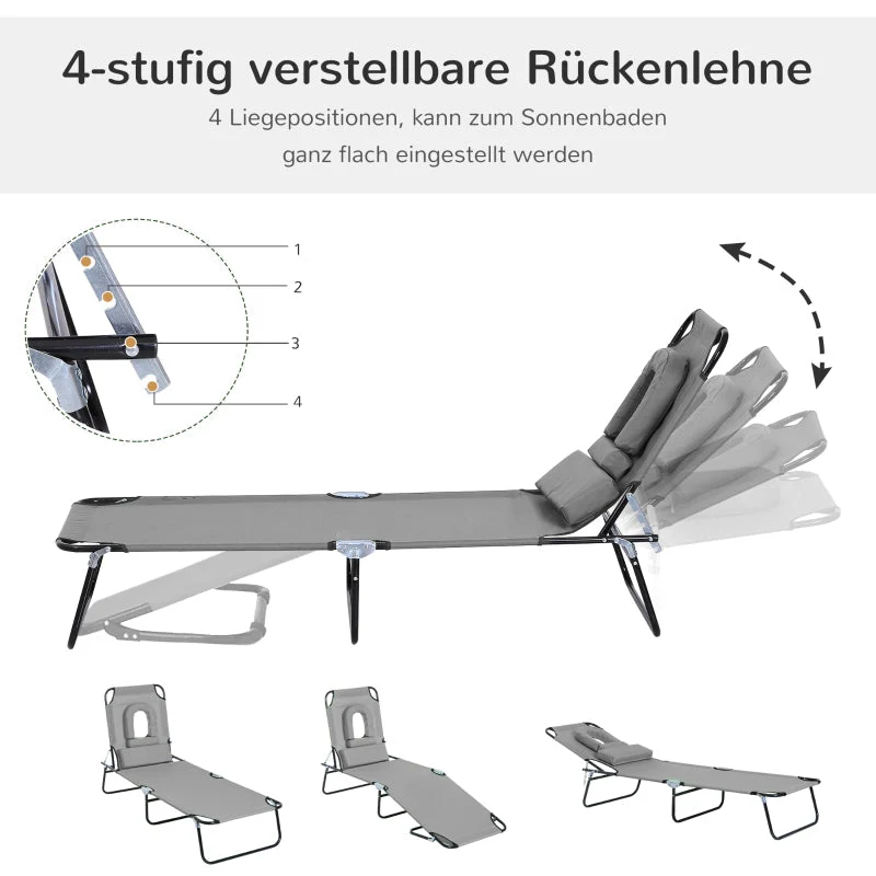Sun Lounger Face Hole Cushion Foldable Water-Repellent Metal Frame - Dark Grey - Image 4