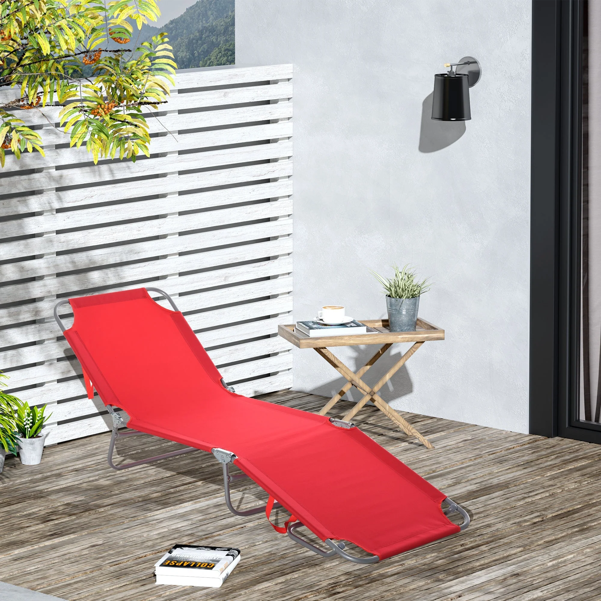 Sun Lounger, Foldable Multi-Adjustable Backrest, Metal/Polyester Red - Image 2