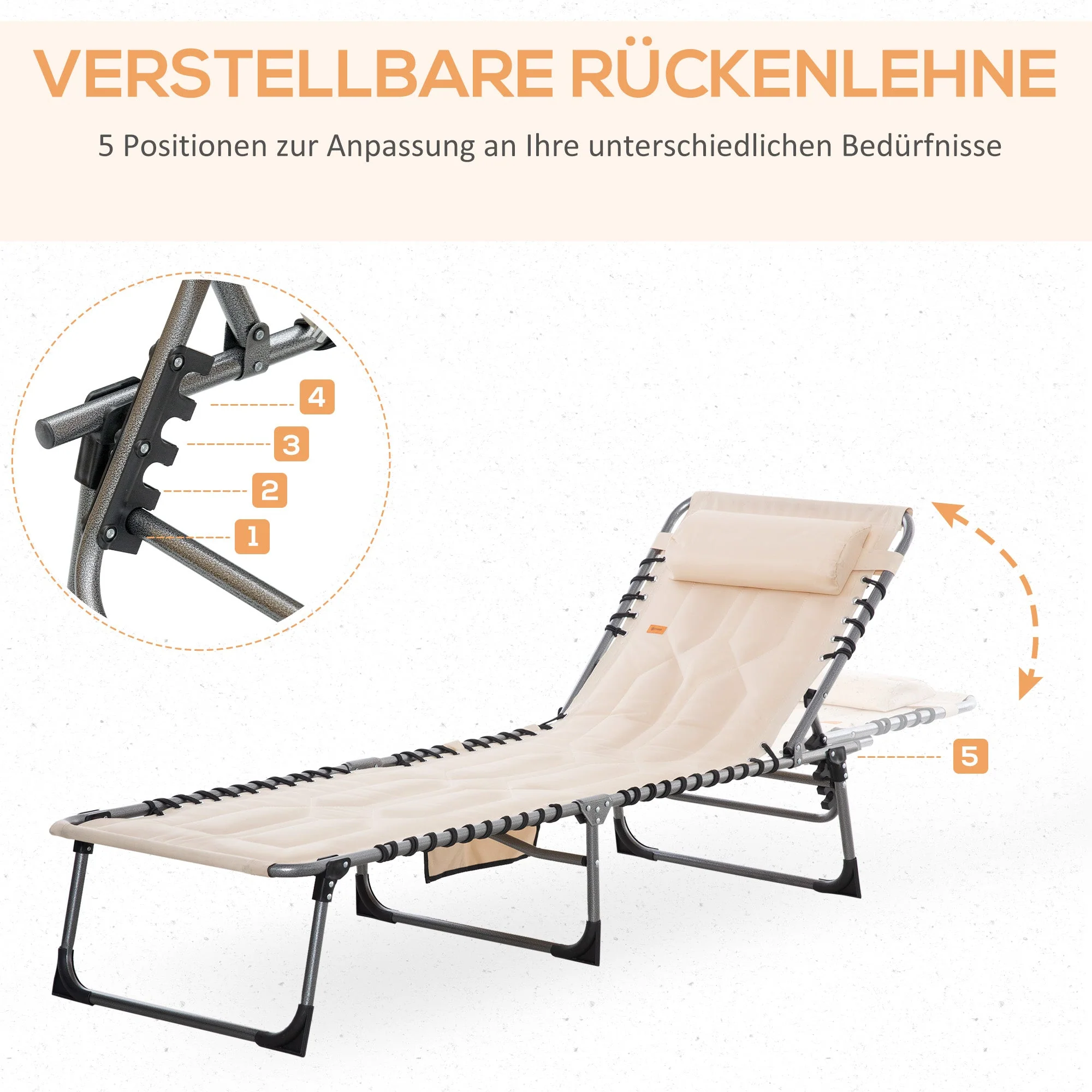 Sun Lounger, Foldable with Pillow, 5-Way Adjustable Backrest, Beige - Image 4