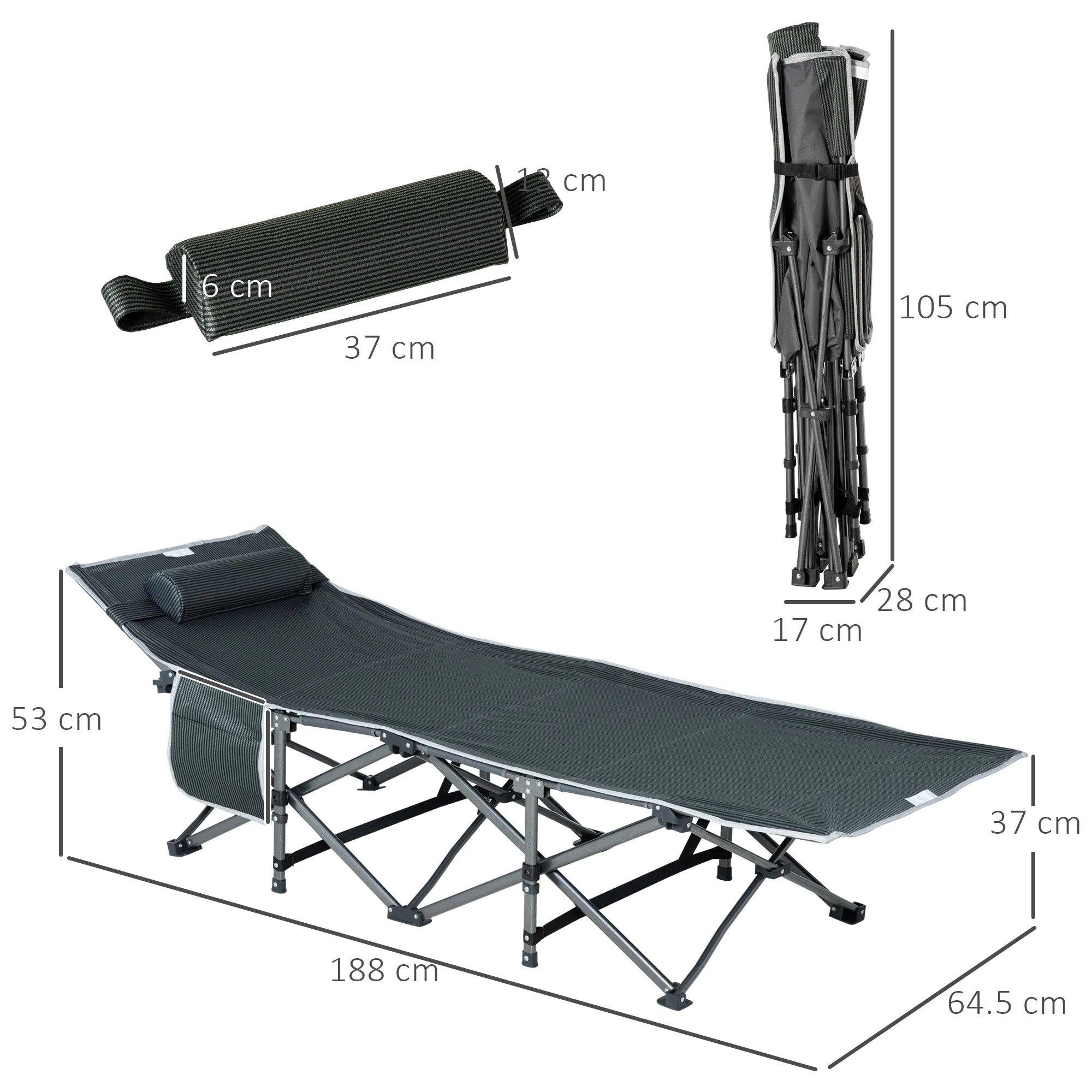 Sun Lounger Folding with Pillow, Storage Bag, Metal and Oxford Fabric, Grey - Image 3