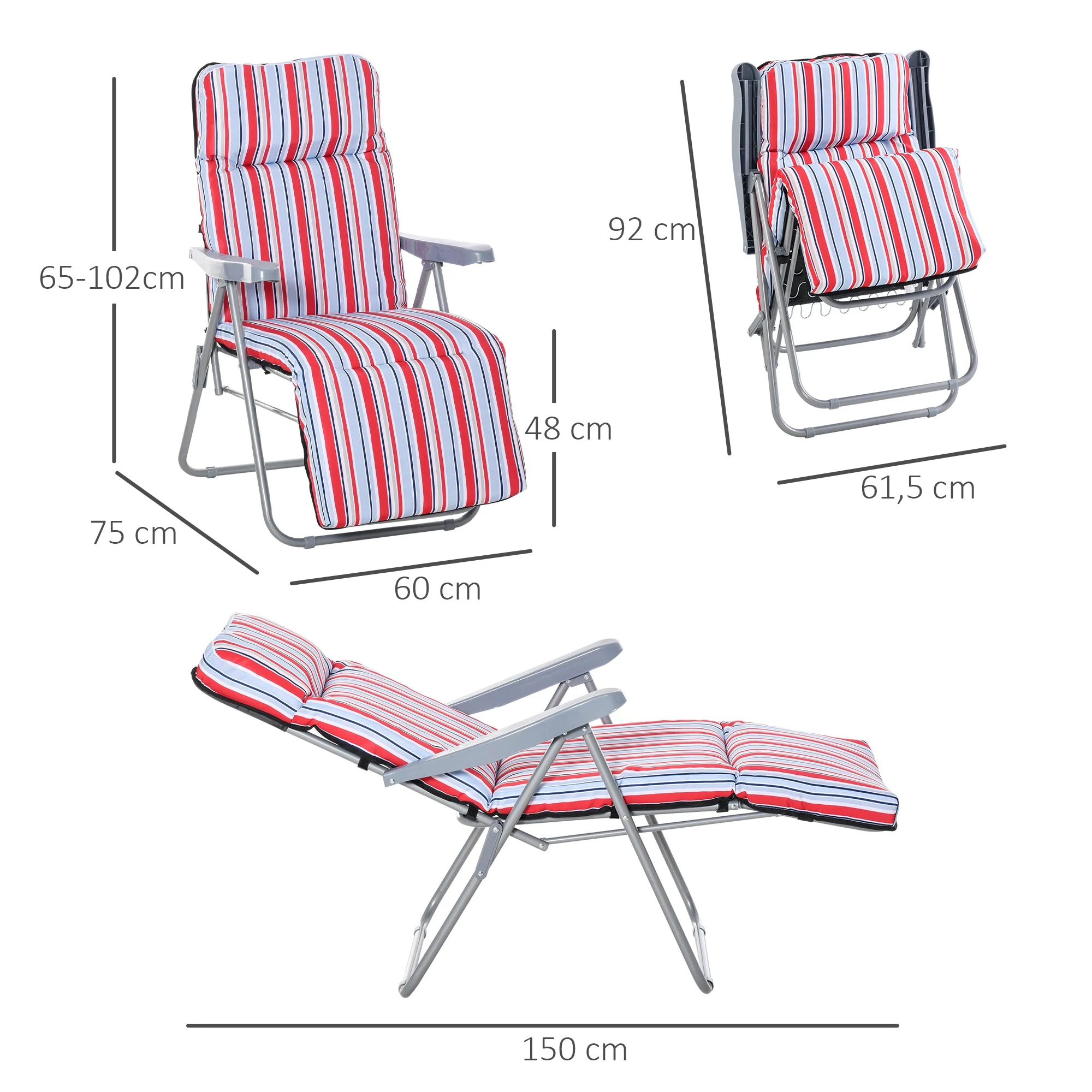 Sun Lounger Set of 2, Foldable Adjustable Backrest with Cushions, Red Steel+Polyester - Image 3