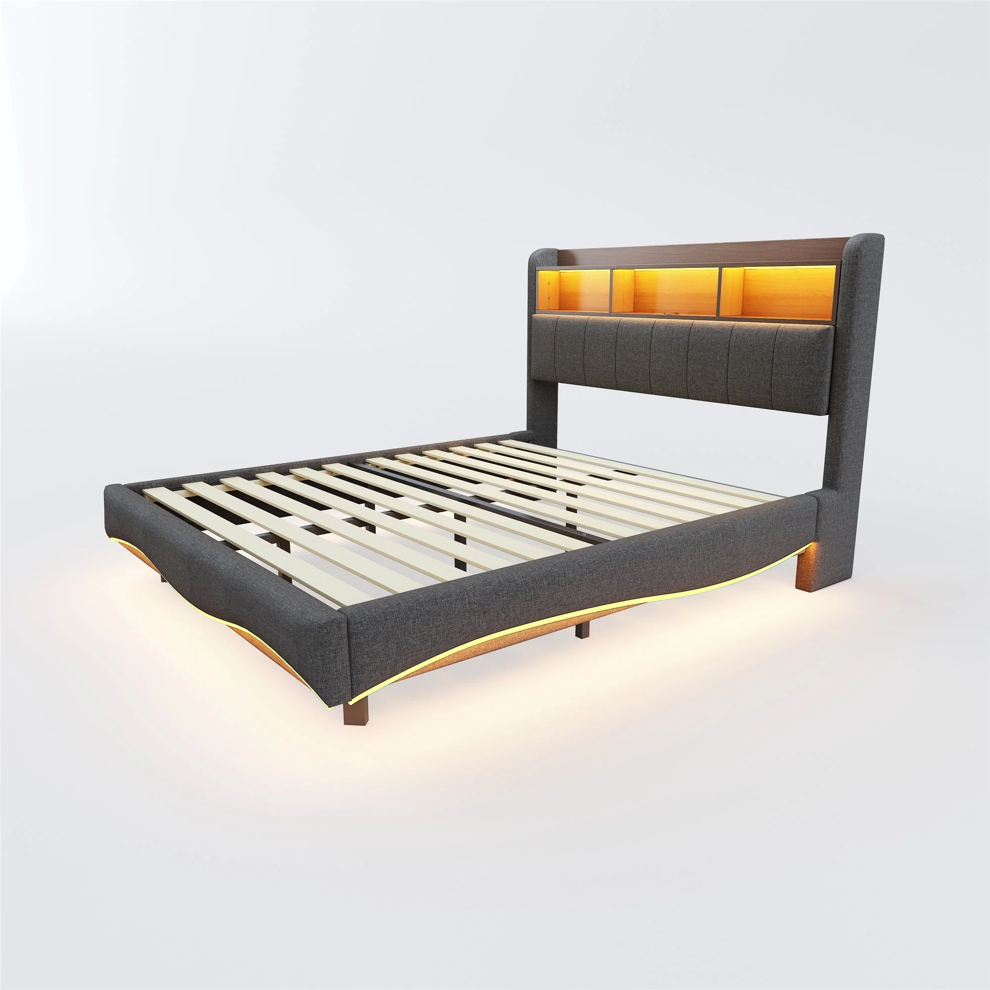 Suspended Design Upholstered Bed, Multifunctional Storage, LED, USB, Type-C, Linen Fabric Gray - Image 10