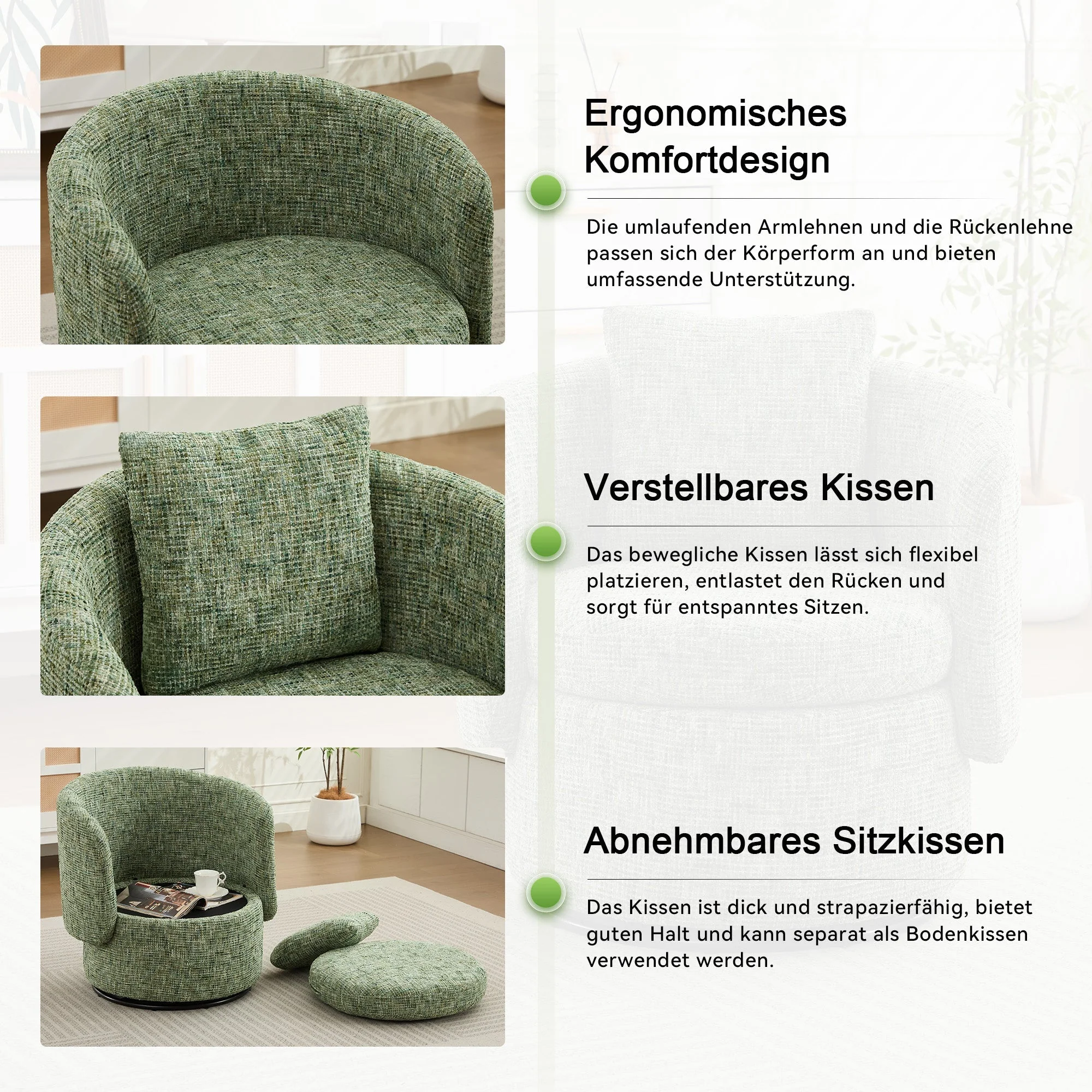 Swivel Armchair 360° Rotating Accent Chair Hidden Storage Plump Cushion Green - Image 3