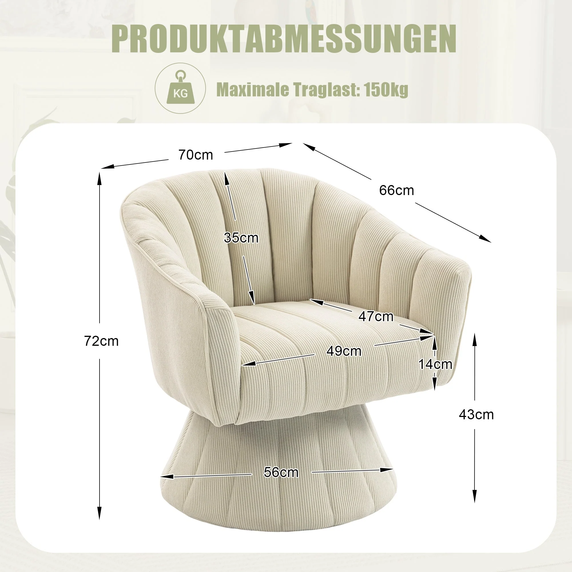 Swivel Chair 360° Ergonomic Cushions Modern Design Beige - Image 2