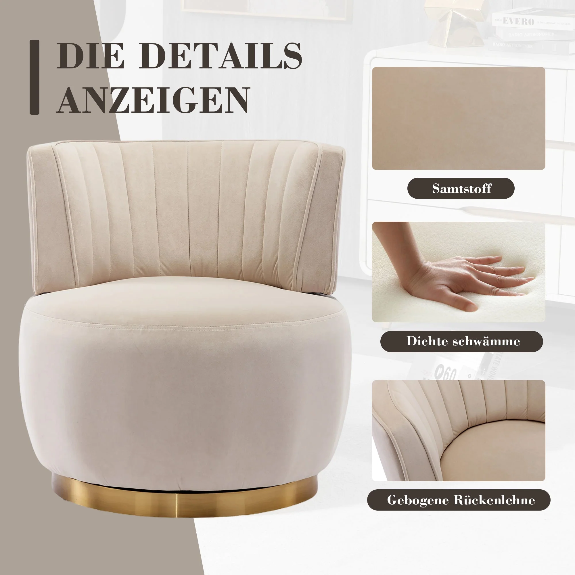 Swivel Chair 360° Round Velvet Barrel - Beige - Image 8