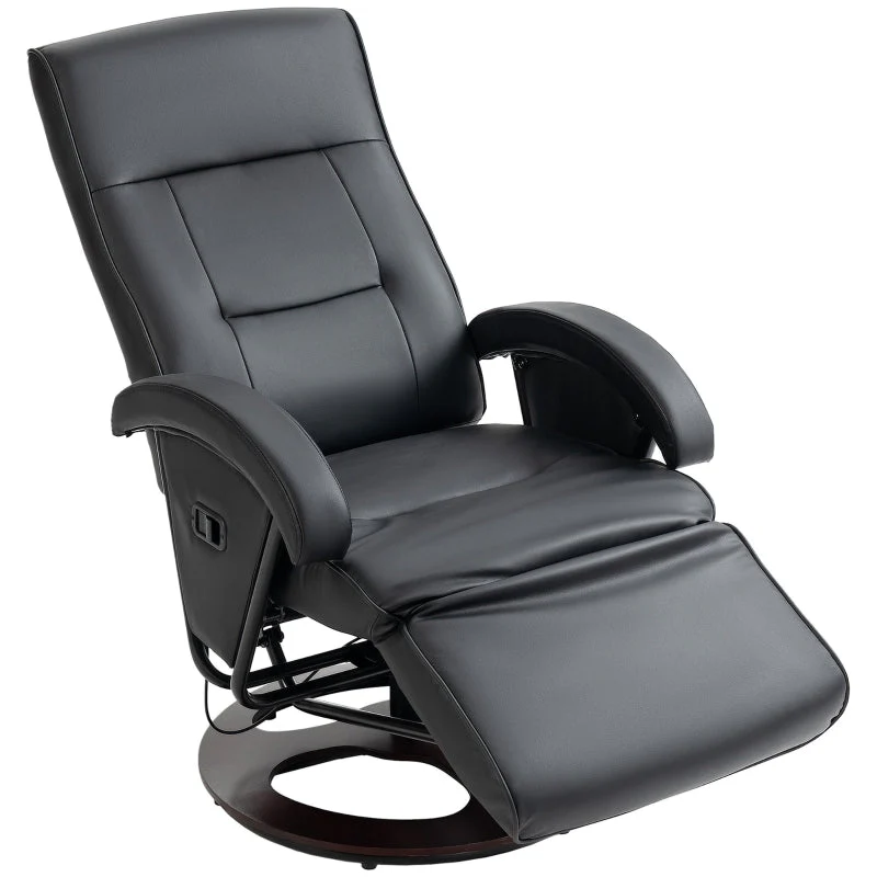 Swivel Chair, Upholstered Tilting Footrest Wooden Base, Faux Leather Black