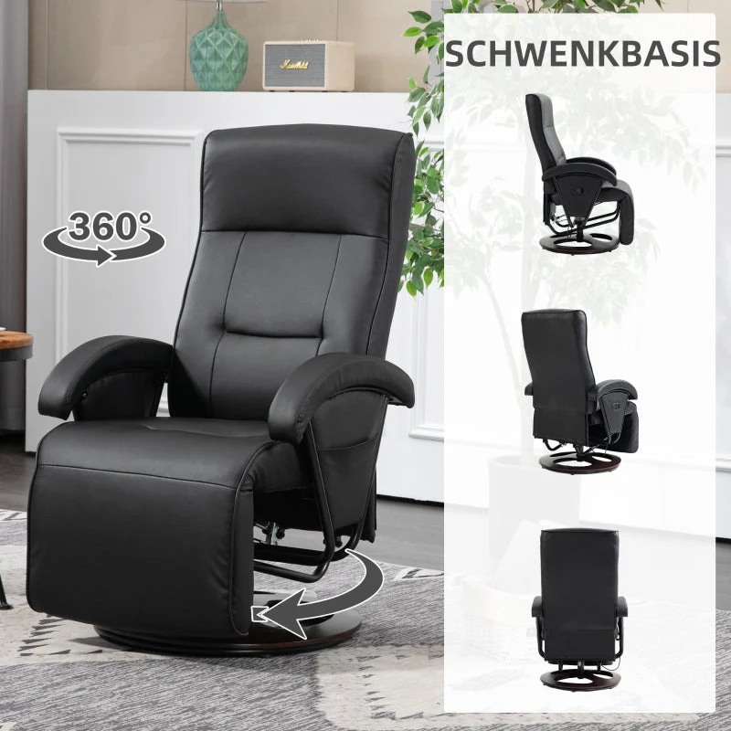 Swivel Chair, Upholstered Tilting Footrest Wooden Base, Faux Leather Black - Image 6