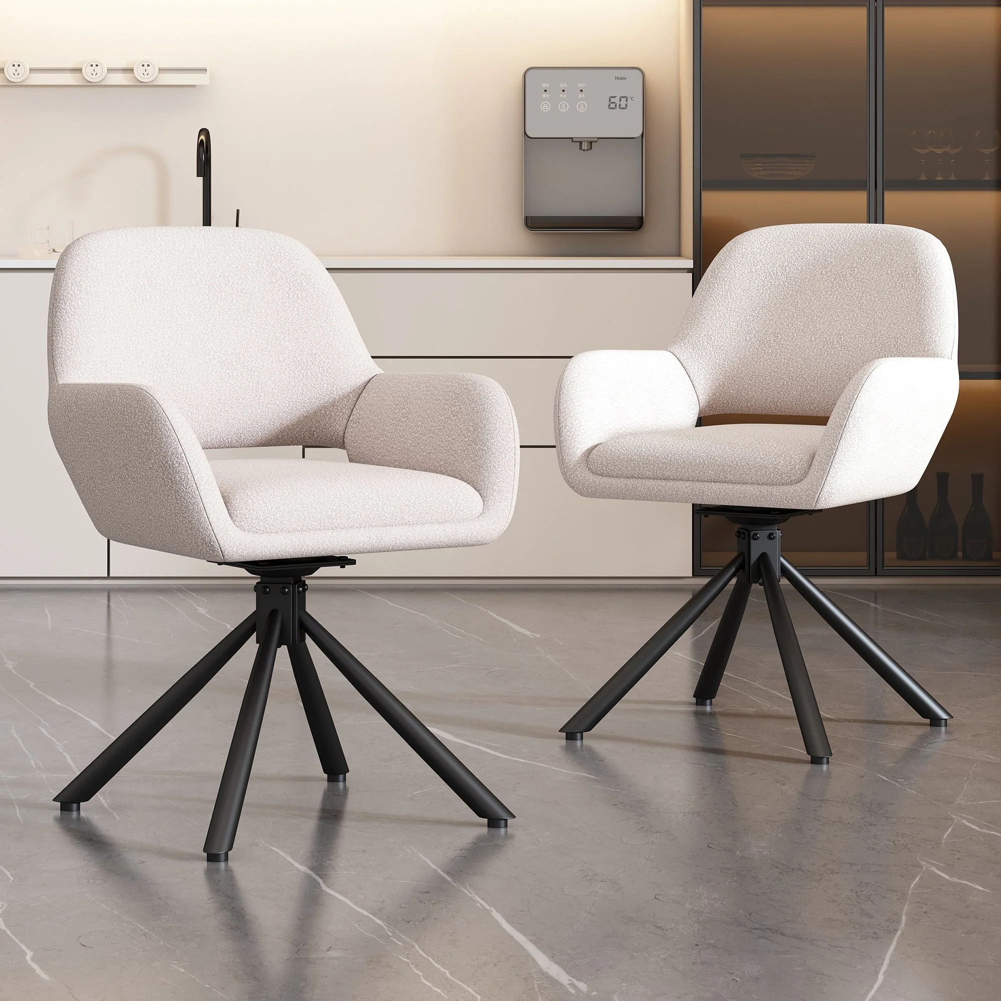 Swivel Dining Chair Set of 2 Sherpa Armrests - White - Image 2