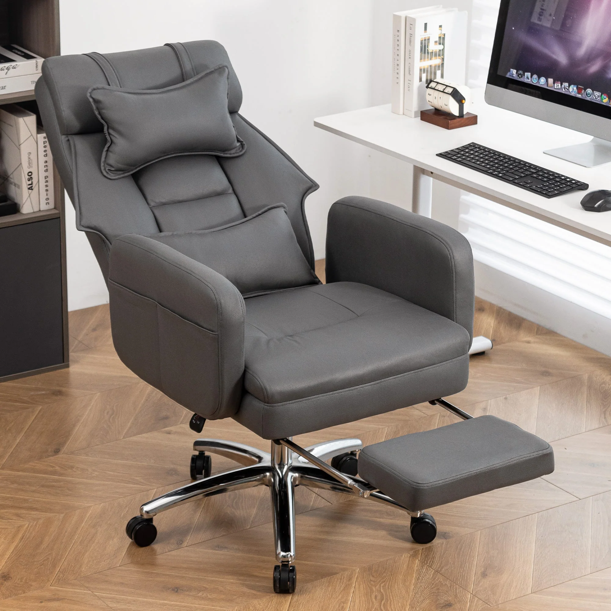 Swivel Ergonomic Office Chair High Back Lumbar Headrest 155° Reclining - DARK GREY Technology Leather - Image 3