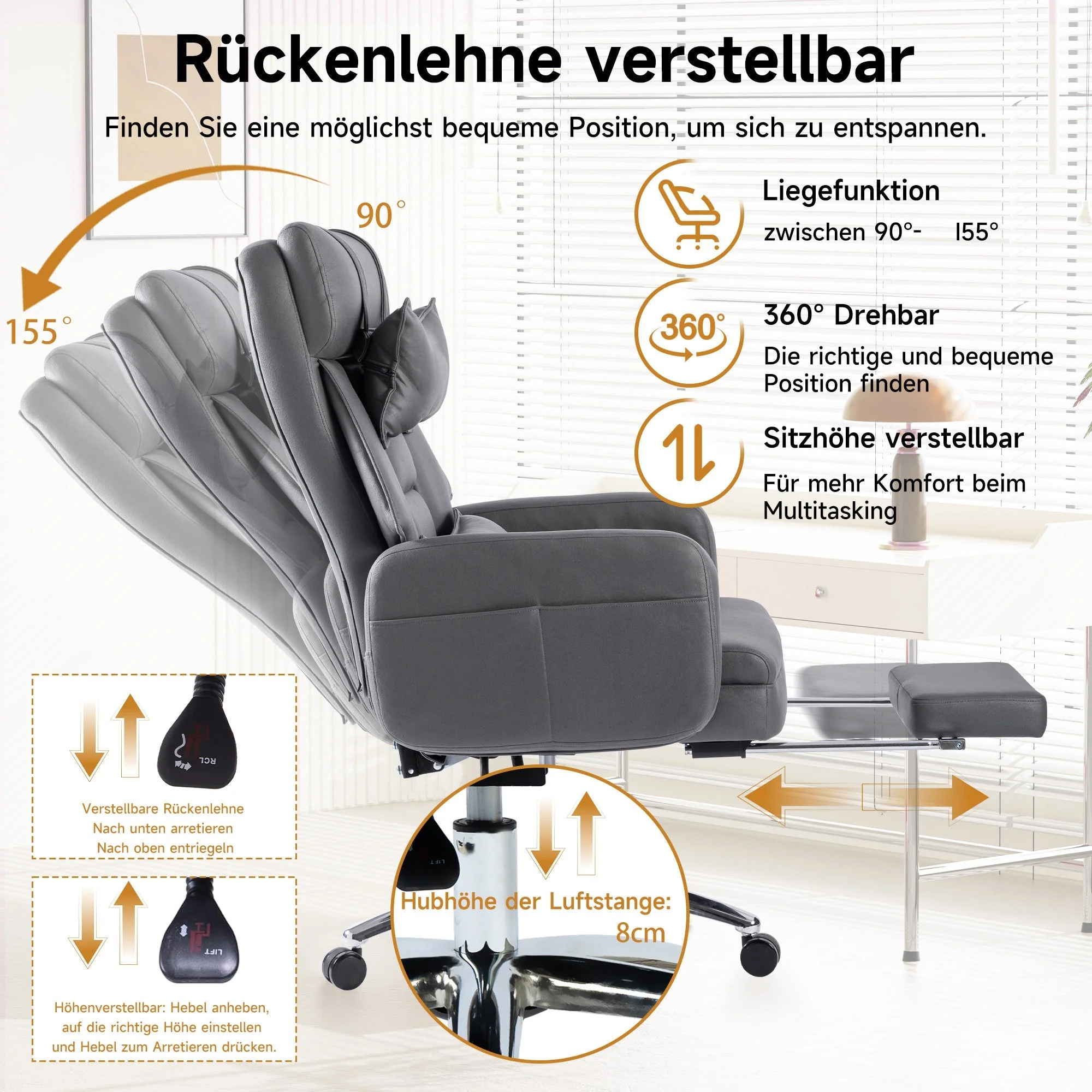 Swivel Ergonomic Office Chair High Back Lumbar Headrest 155° Reclining - DARK GREY Technology Leather - Image 9