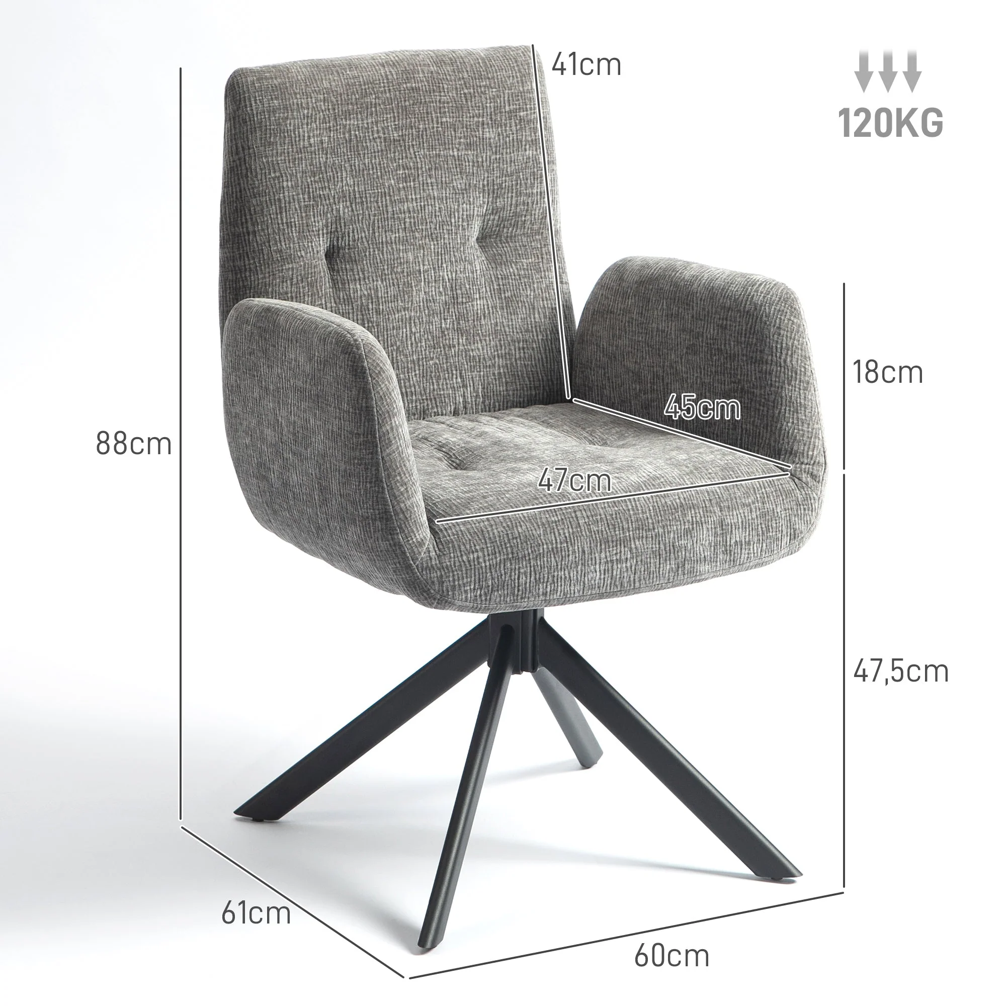 Swivel Lounge Chair, Upholstered with Button Stitching, Dark Grey Wool-Linen - Image 3