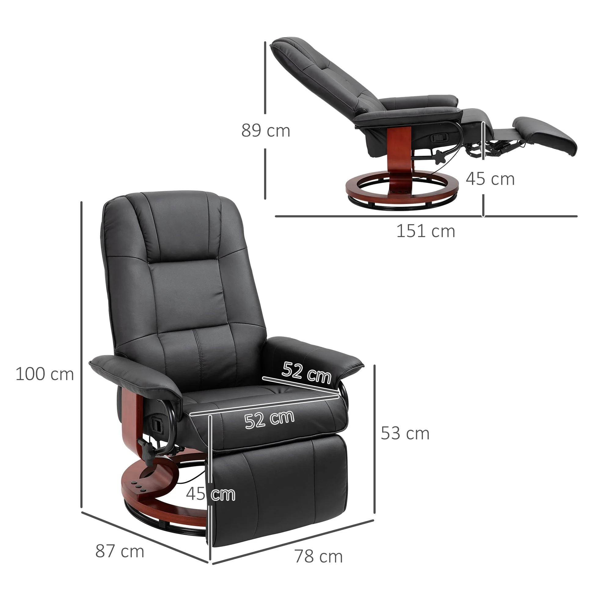Swivel Recliner Chair with Footstool, Manual Recliner Armchair, Faux Leather, Black - Image 3