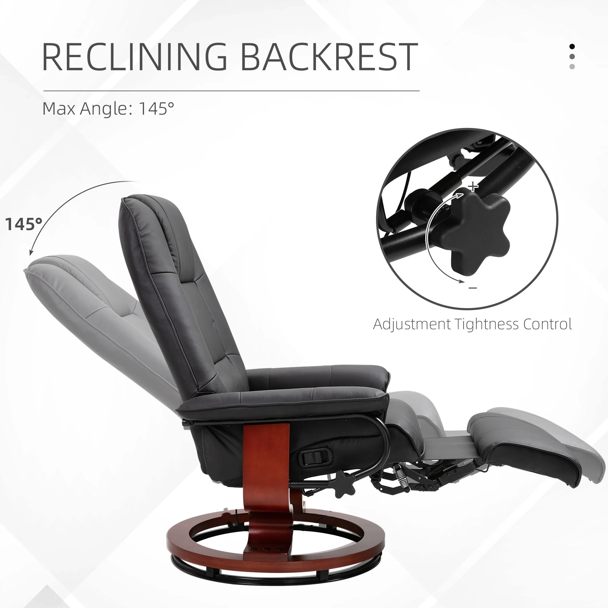 Swivel Recliner Chair with Footstool, Manual Recliner Armchair, Faux Leather, Black - Image 4