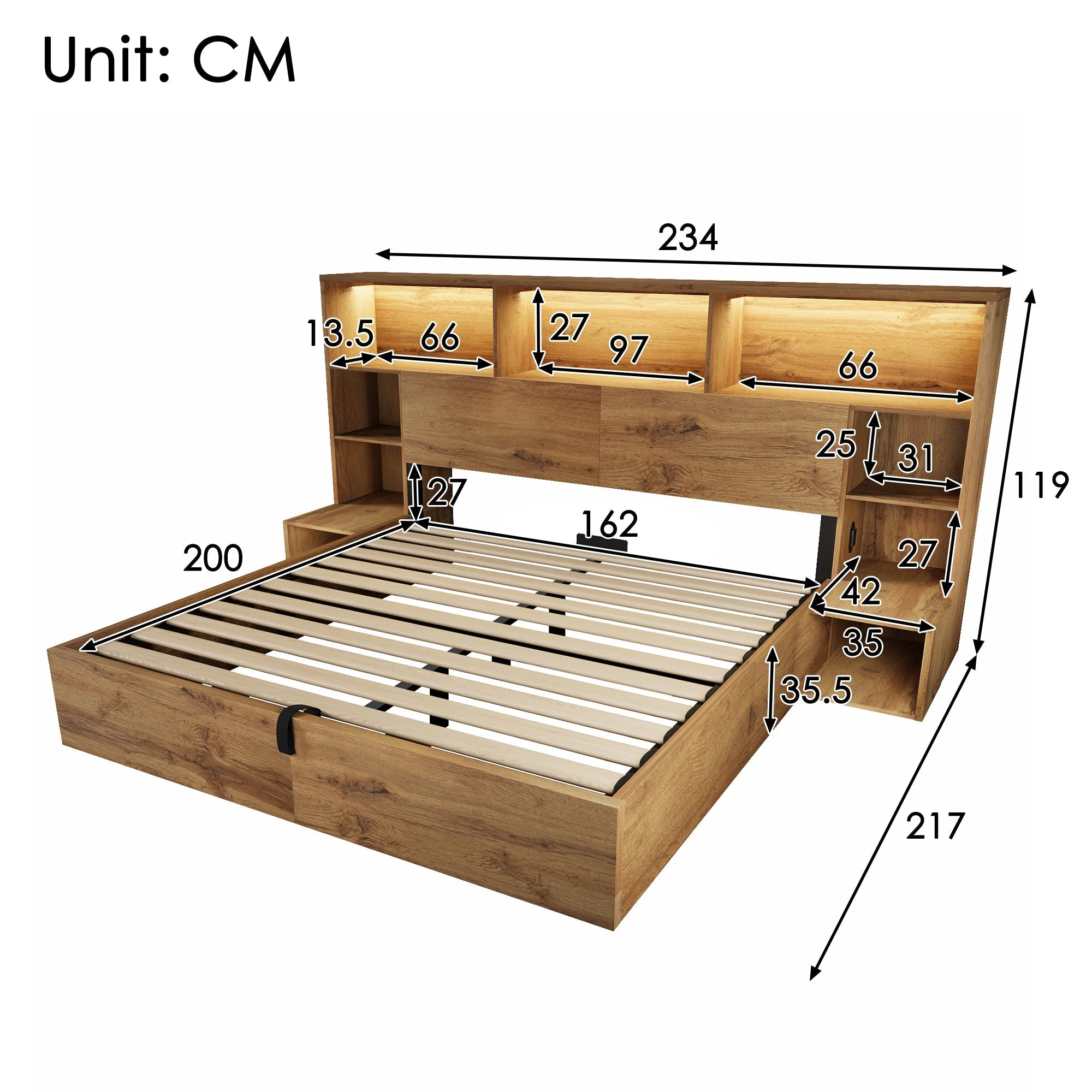 System Bed with Hydraulic Storage, Bedside Tables, LED & USB-C, 160x200cm, Oak Look Wood - Image 2