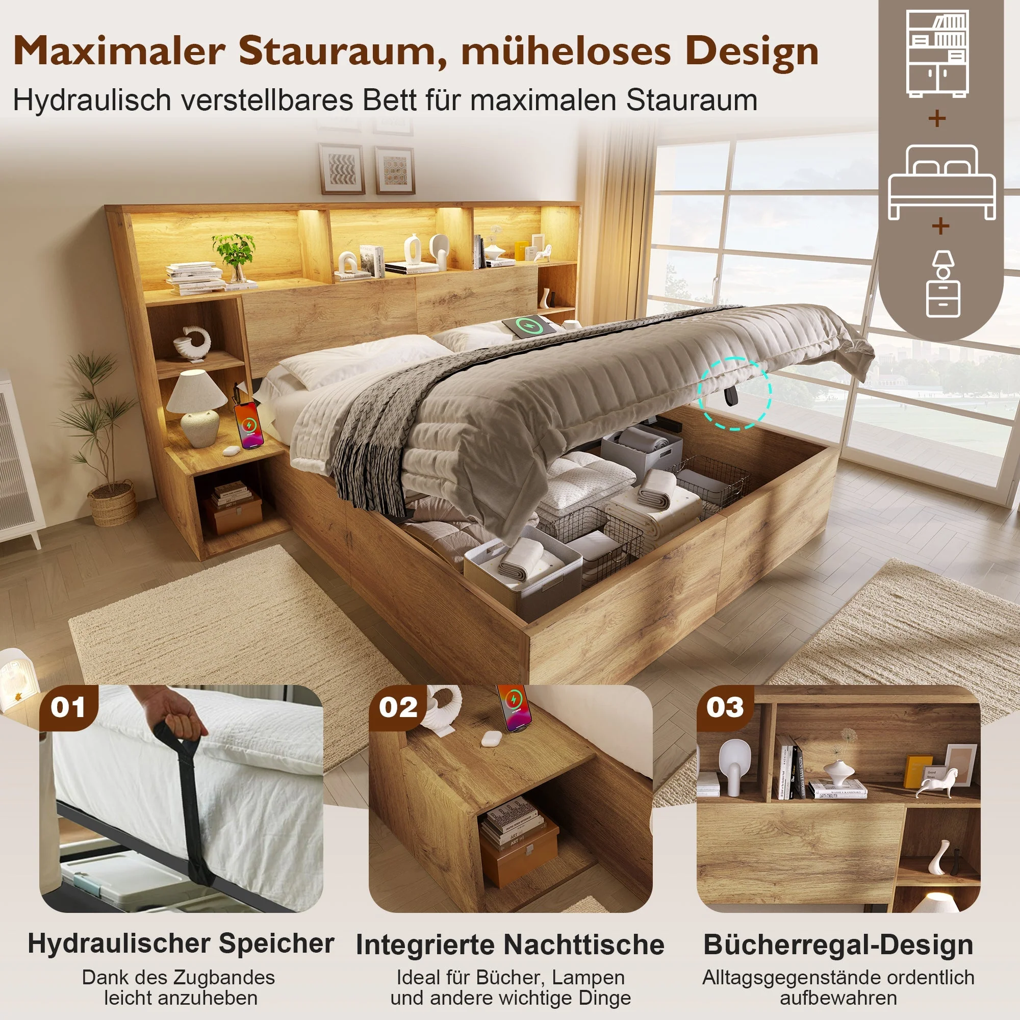 System Bed with Hydraulic Storage, Bedside Tables, LED & USB-C, 160x200cm, Oak Look Wood - Image 5