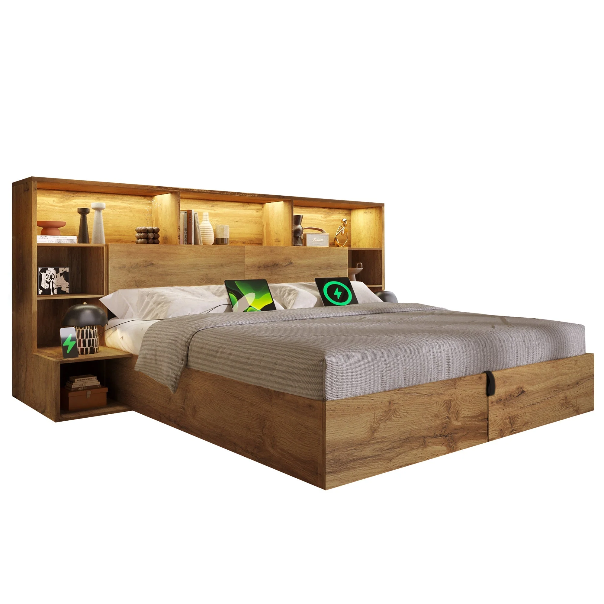 System Bed with Hydraulic Storage, Bedside Tables, LED & USB-C, 160x200cm, Oak Look Wood - Image 7