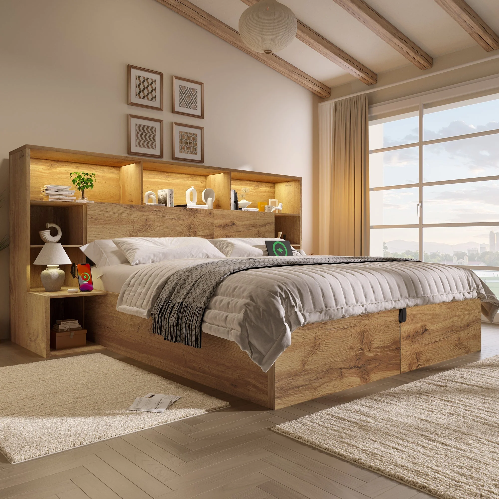 System Bed with Hydraulic Storage, Bedside Tables, LED & USB-C, 160x200cm, Oak Look Wood - Image 9