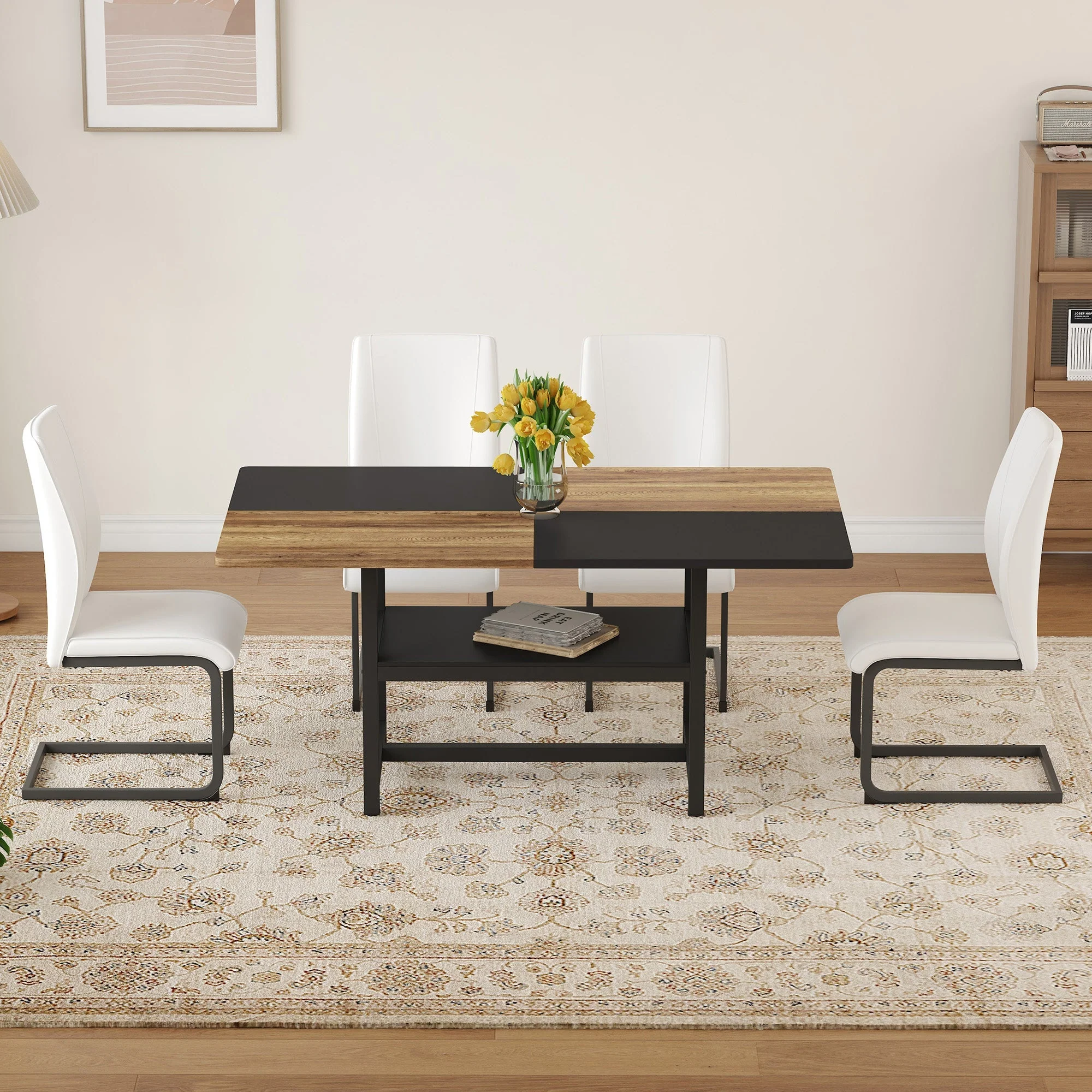 Table Set Rectangular Dining Table Storage Shelf 4 Armchairs Faux Leather White - Image 2