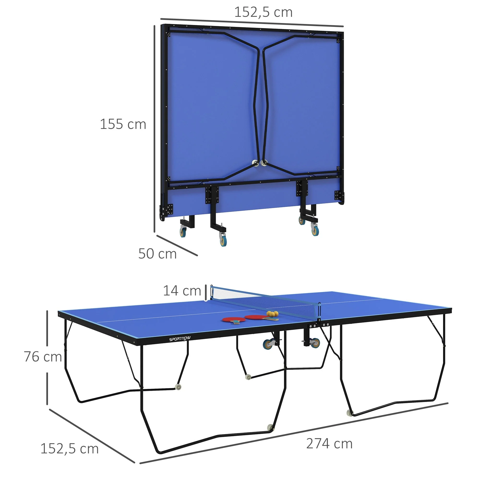Table Tennis Table, Foldable with Net, Wheels, Steel, Blue - Image 3