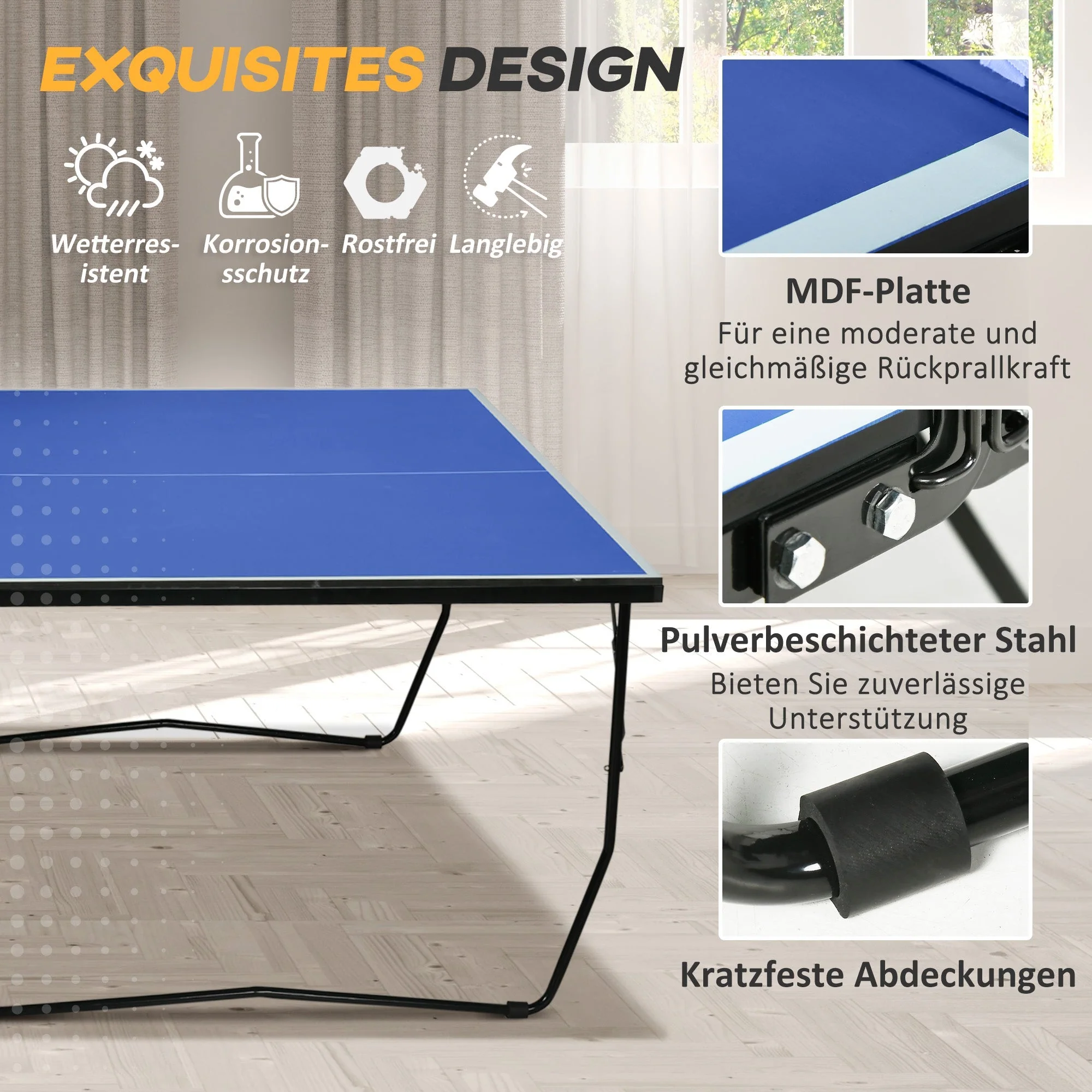 Table Tennis Table, Foldable with Net, Wheels, Steel, Blue - Image 6