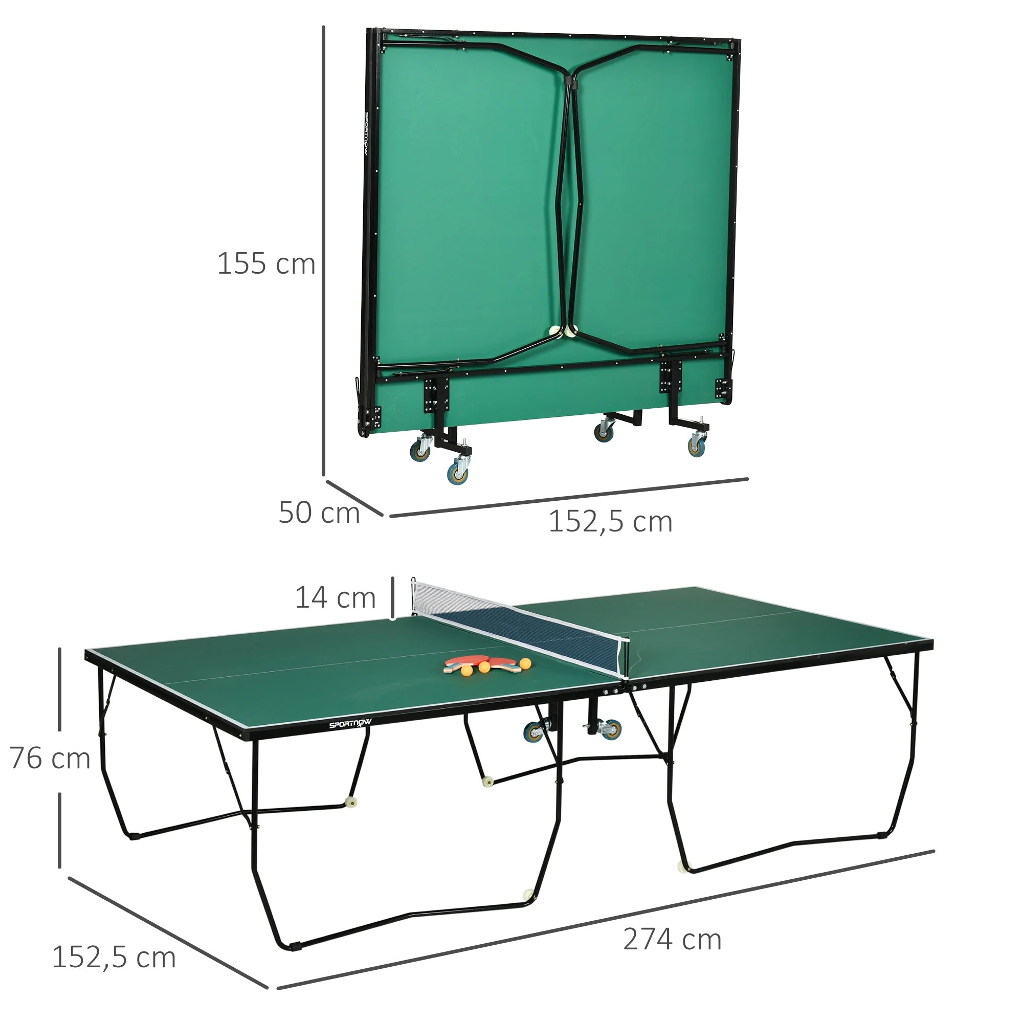 Table Tennis Table, Foldable with Wheels & Set, Steel Green - Image 3