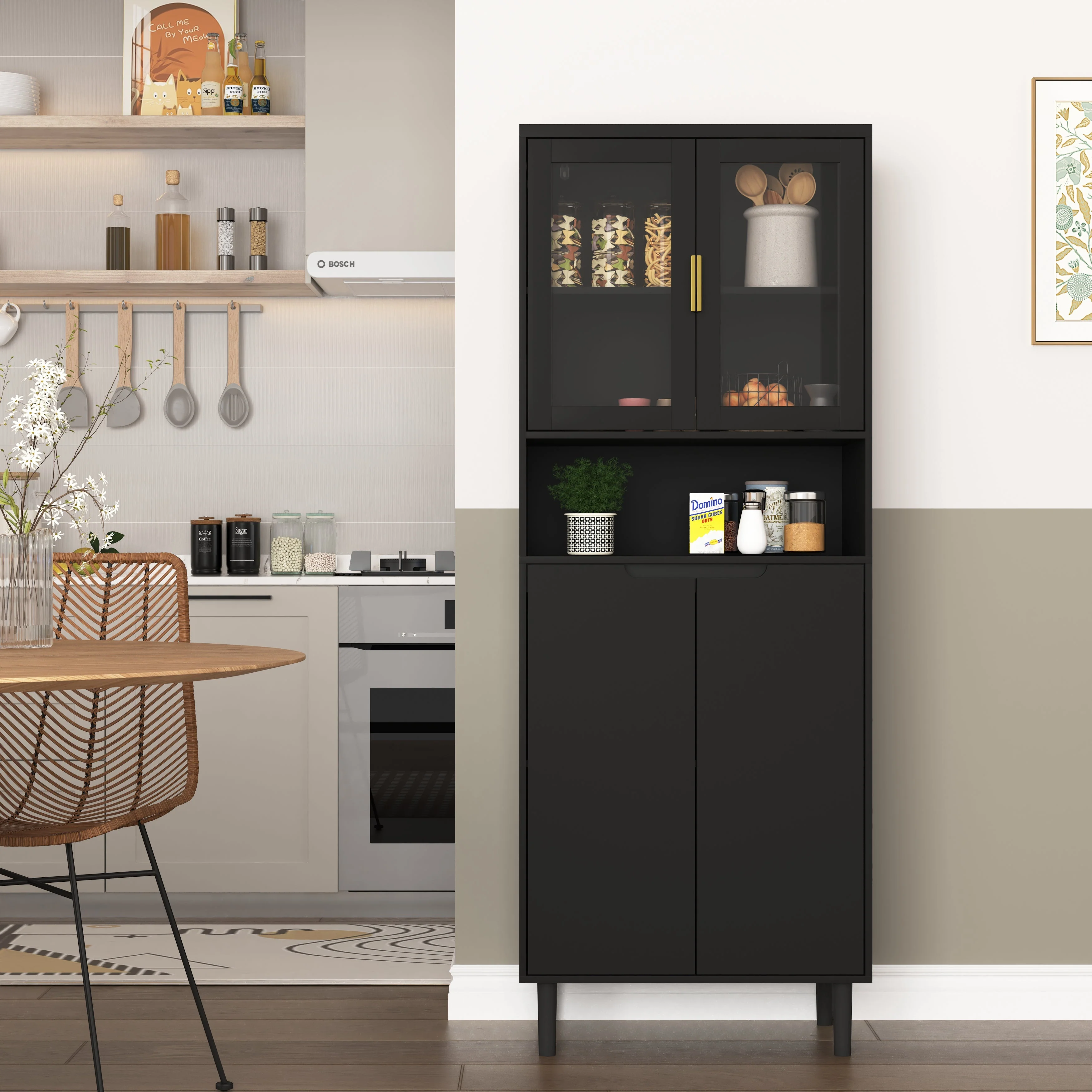 Tall Bookcase 4-Door Storage with Tempered Glass and Adjustable Shelf - Black MDF