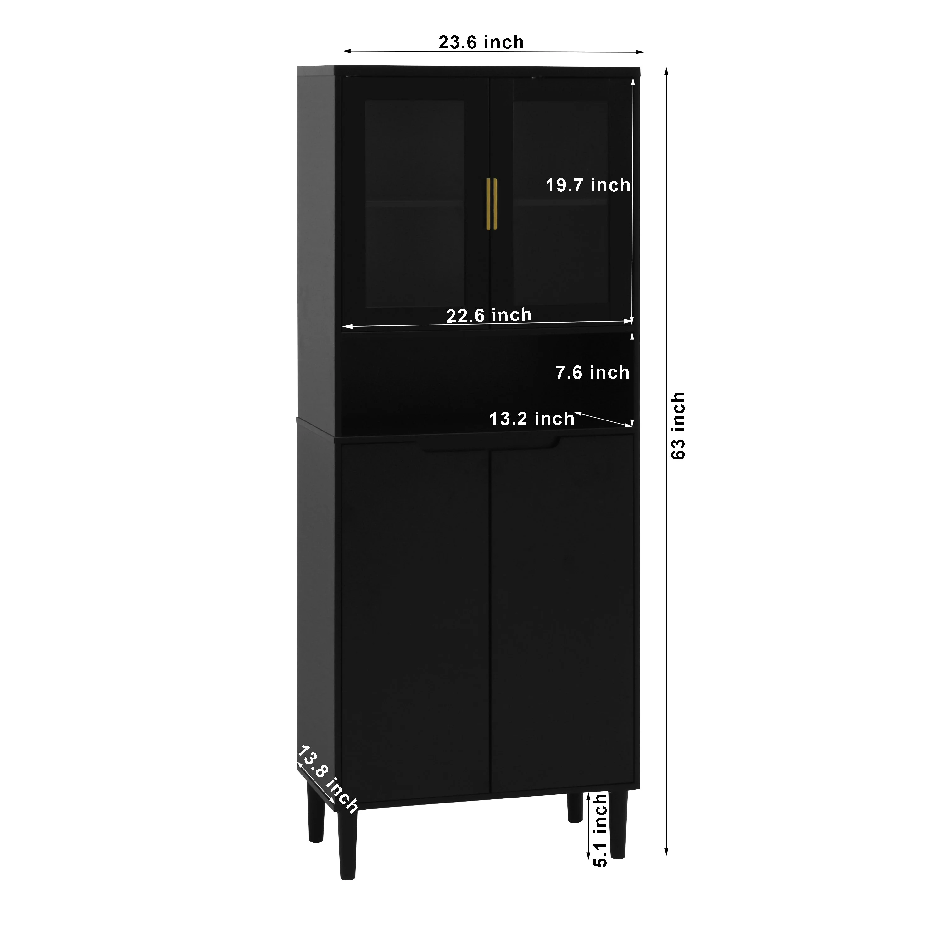 Tall Bookcase 4-Door Storage with Tempered Glass and Adjustable Shelf - Black MDF - Image 3