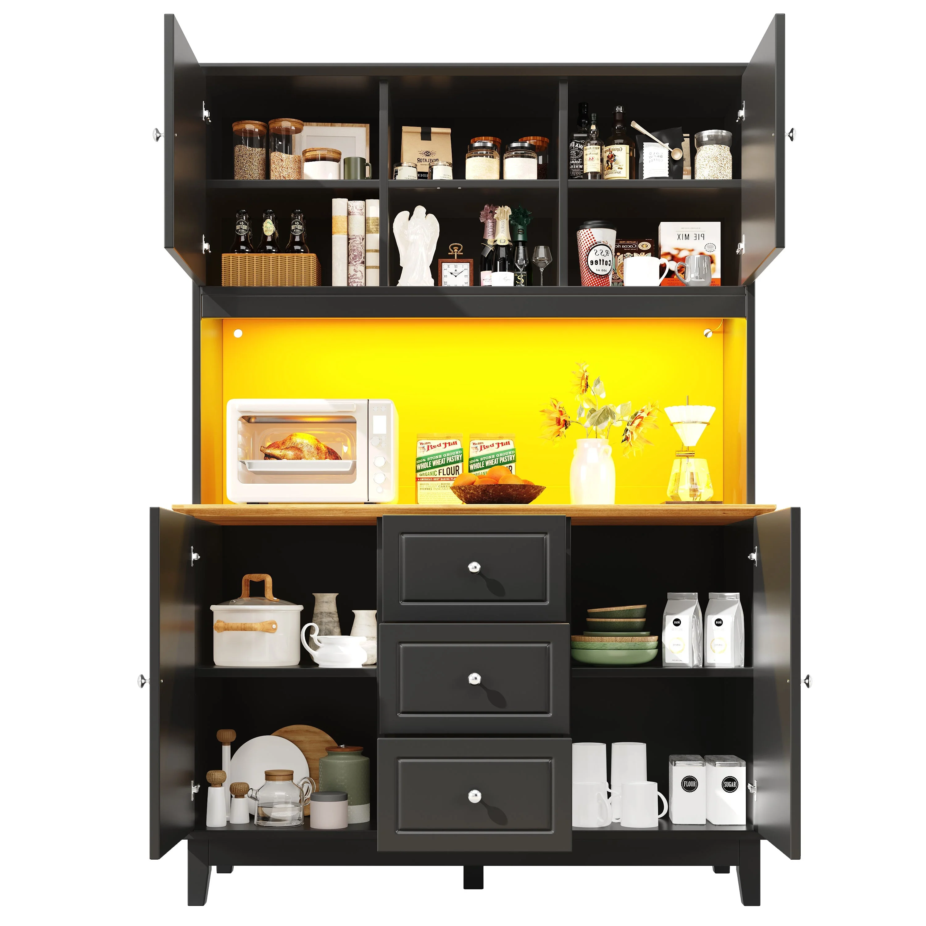 Tall Cabinet 120x40x180cm LED App Control 4 Doors 3 Drawers - Black - Image 4