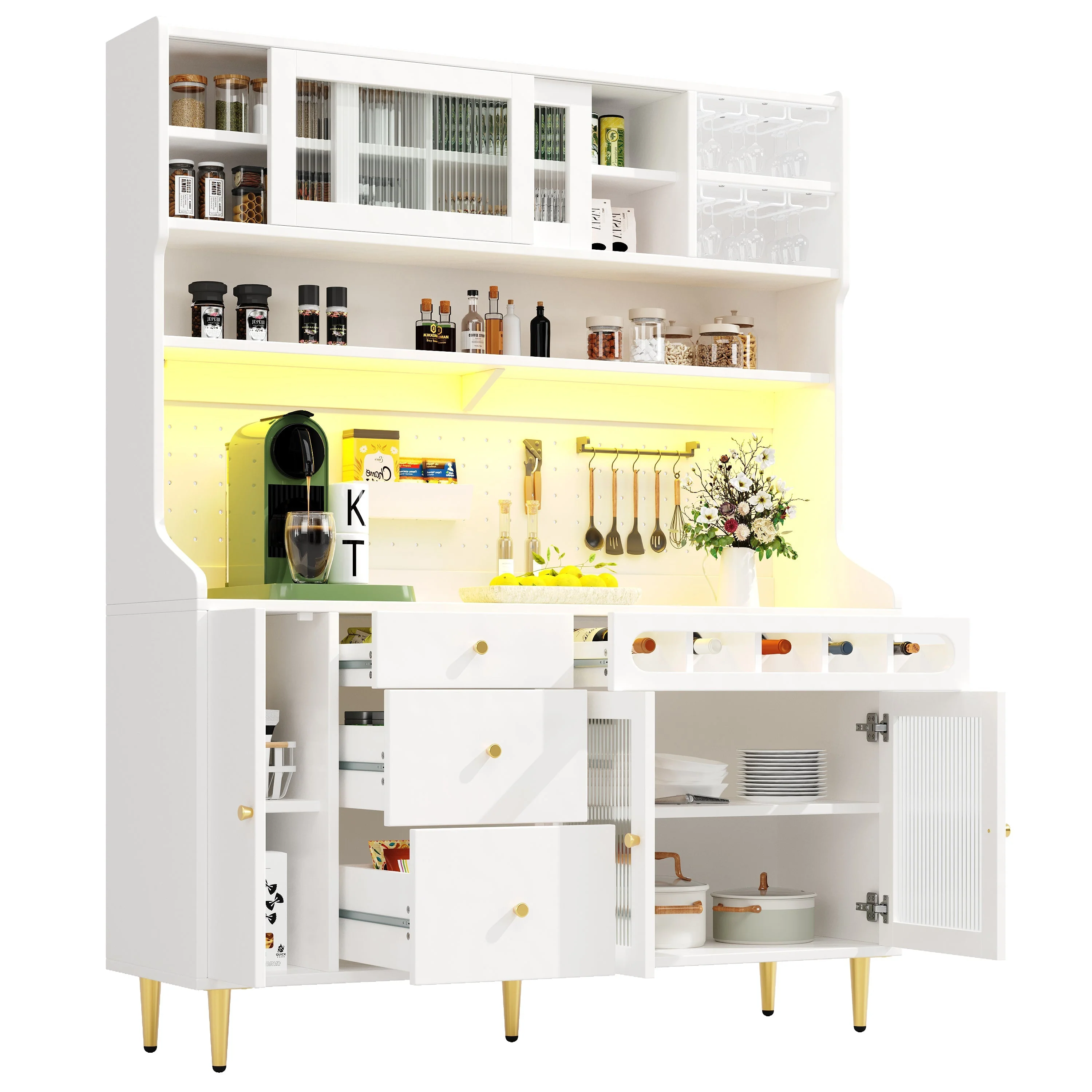 Tall Cabinet 145x39x171cm Adjustable Shelves LED Lighting Wine Rack white - Image 10