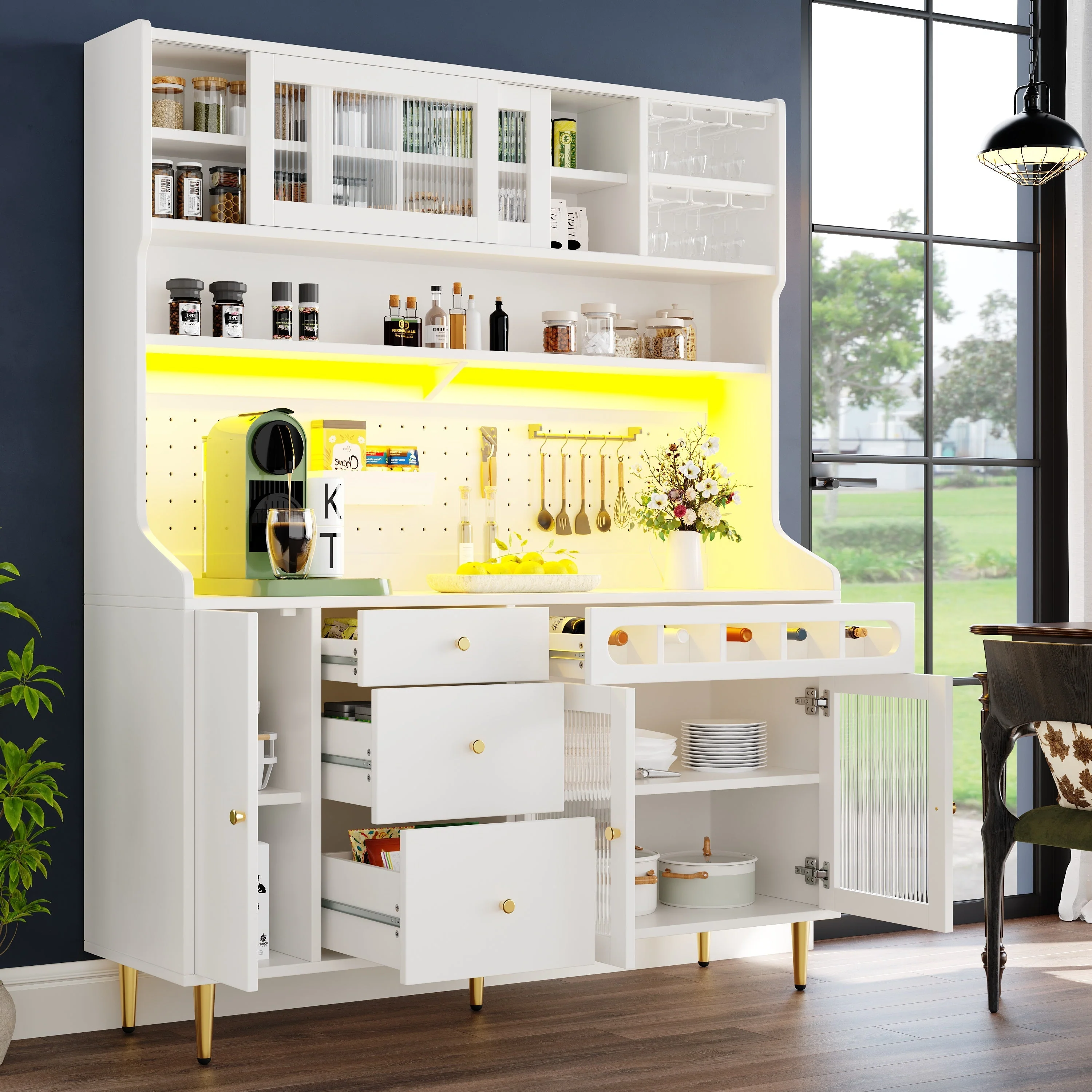 Tall Cabinet 145x39x171cm Adjustable Shelves LED Lighting Wine Rack white - Image 2