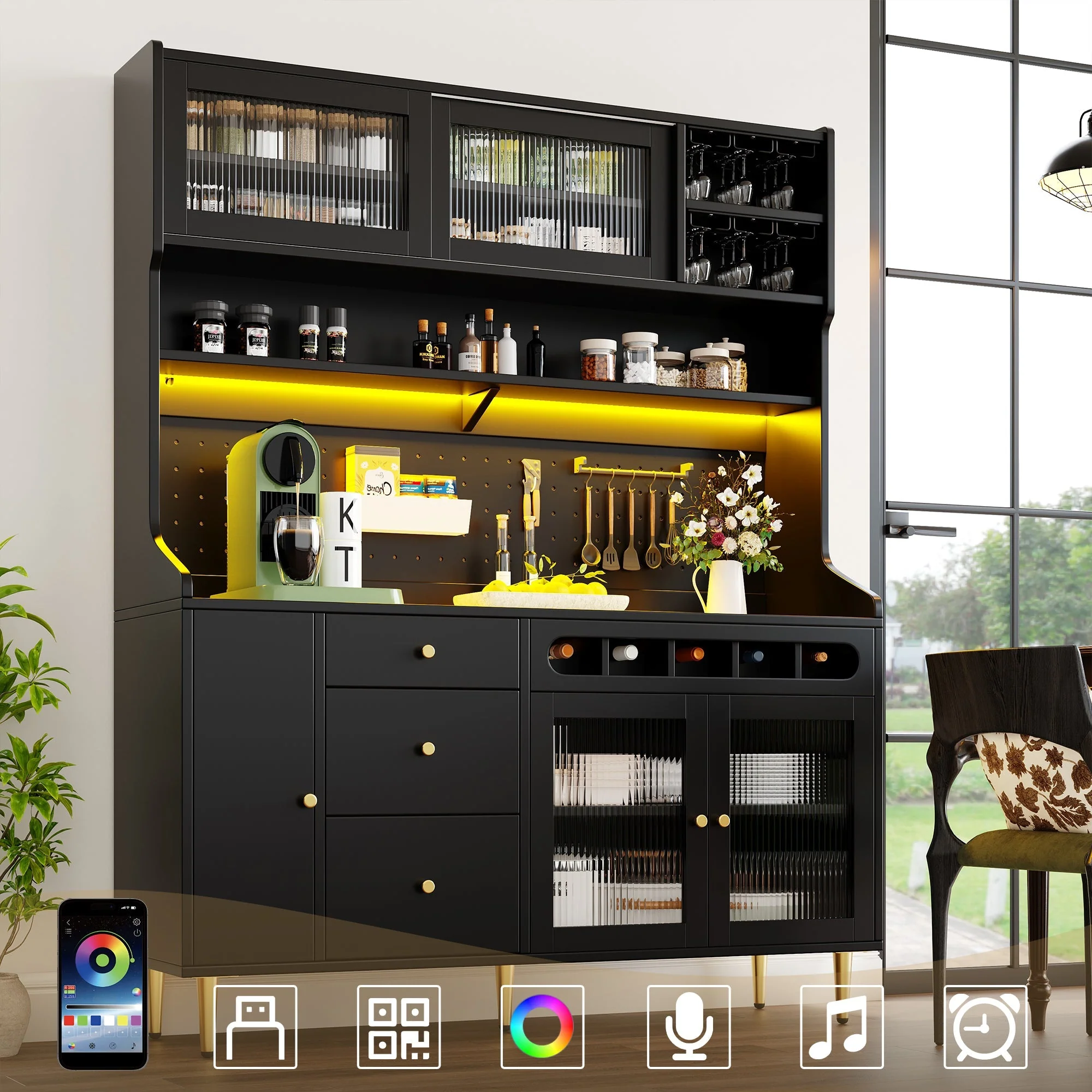 Tall Cabinet Adjustable Shelves LED Lighting Wine Rack Black