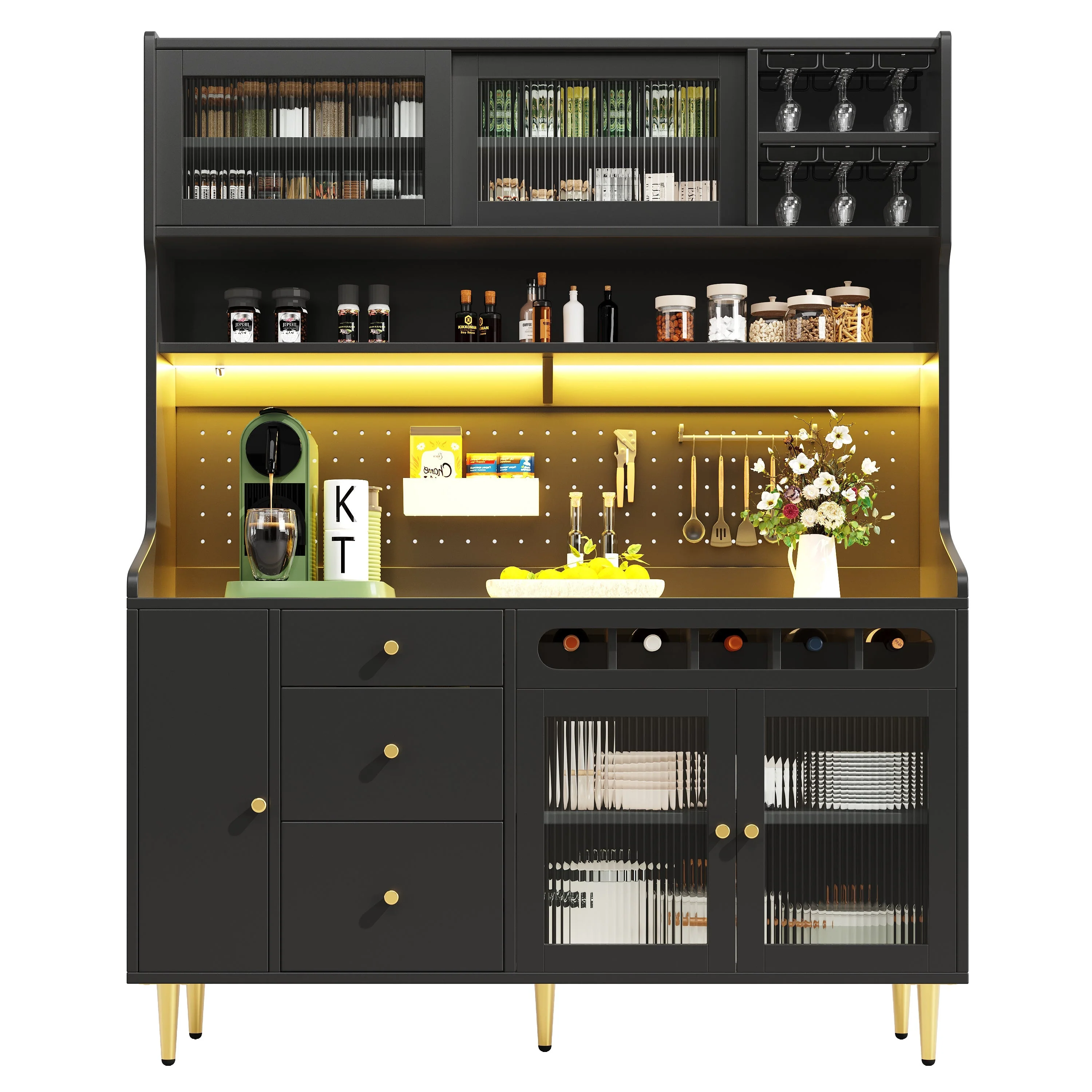Tall Cabinet Adjustable Shelves LED Lighting Wine Rack Black - Image 4