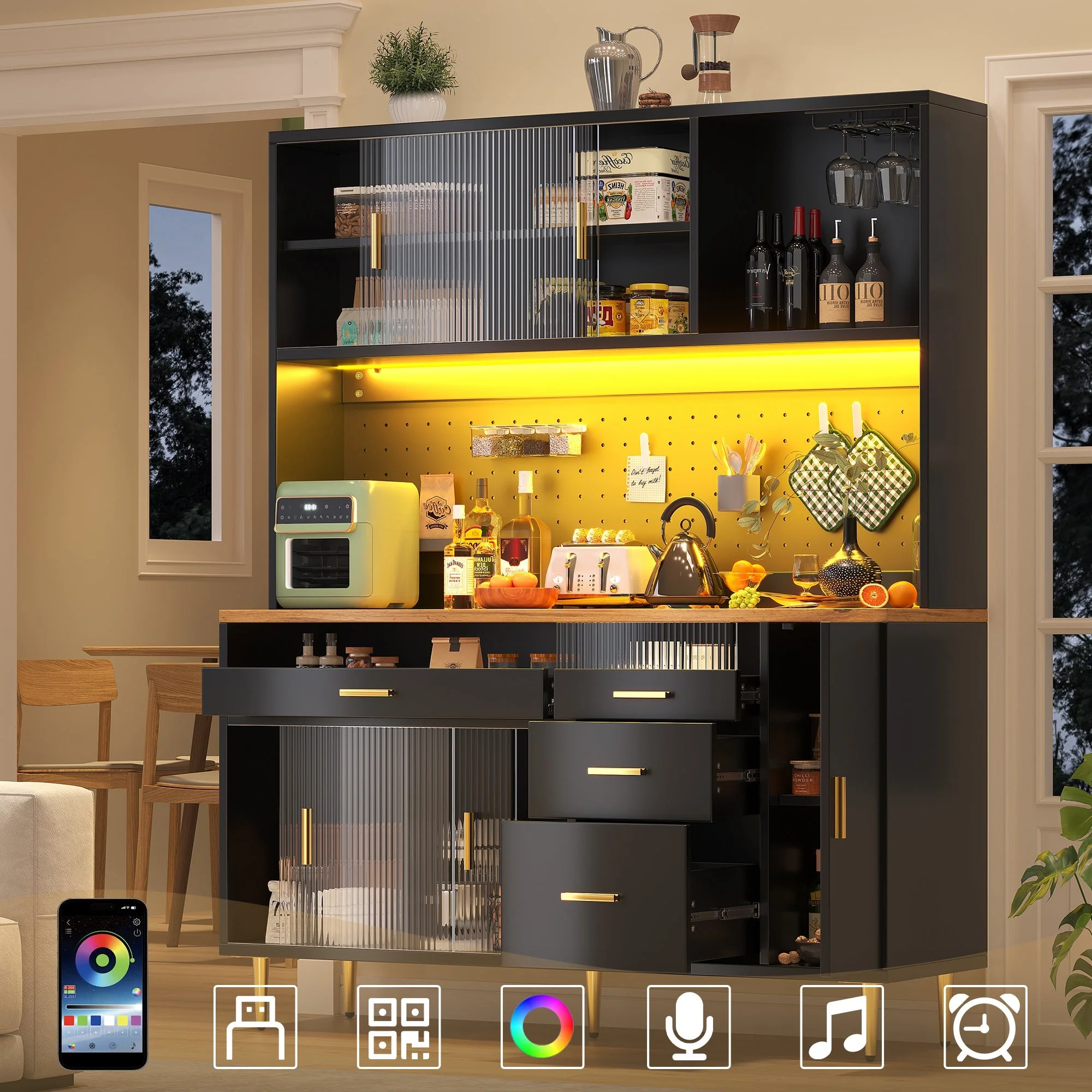 Tall Cabinet LED Lighting Pegboard Shelves Black
