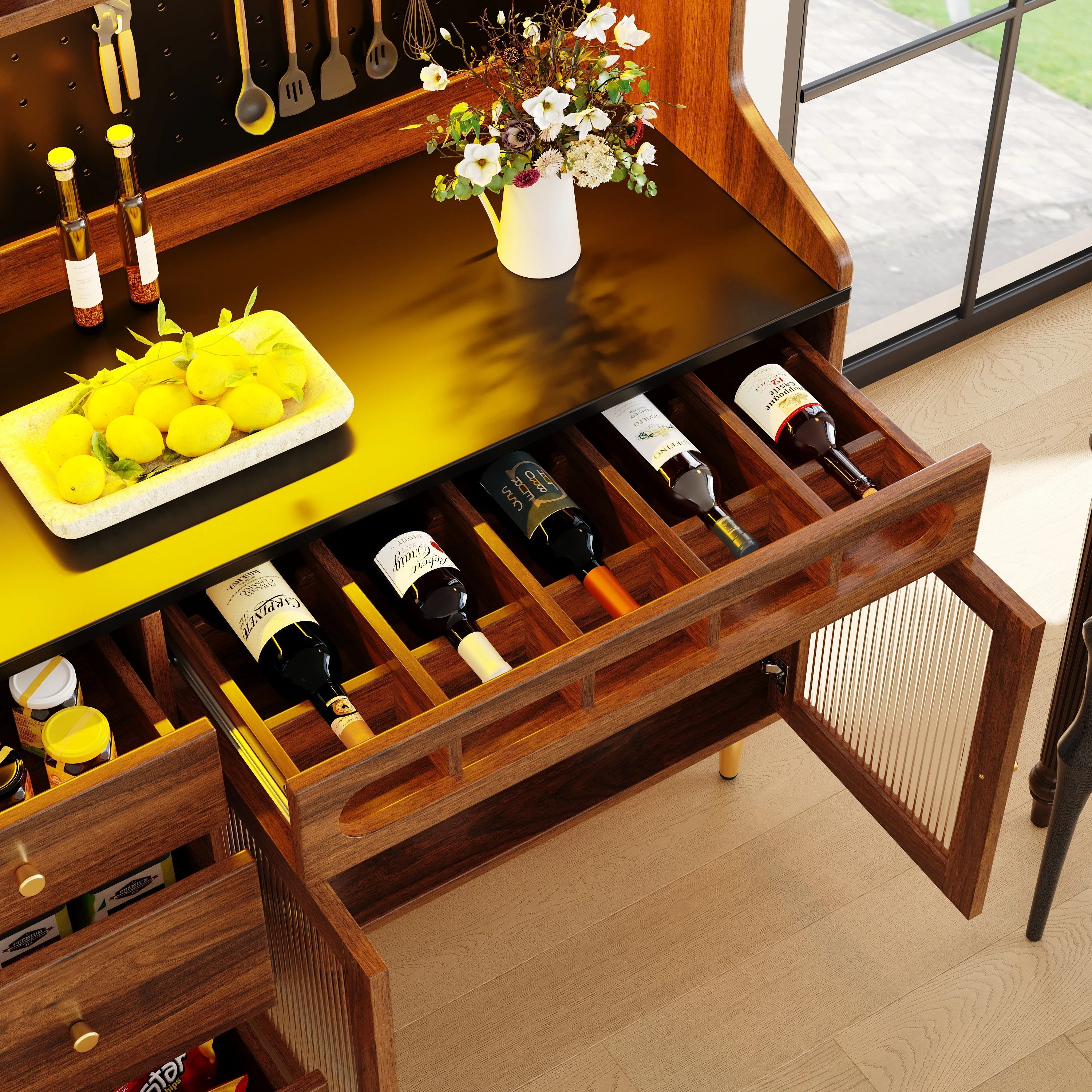 Tall Cabinet LED Lighting Wine Rack Adjustable Shelves 145x39x171cm Walnut Color - Image 5
