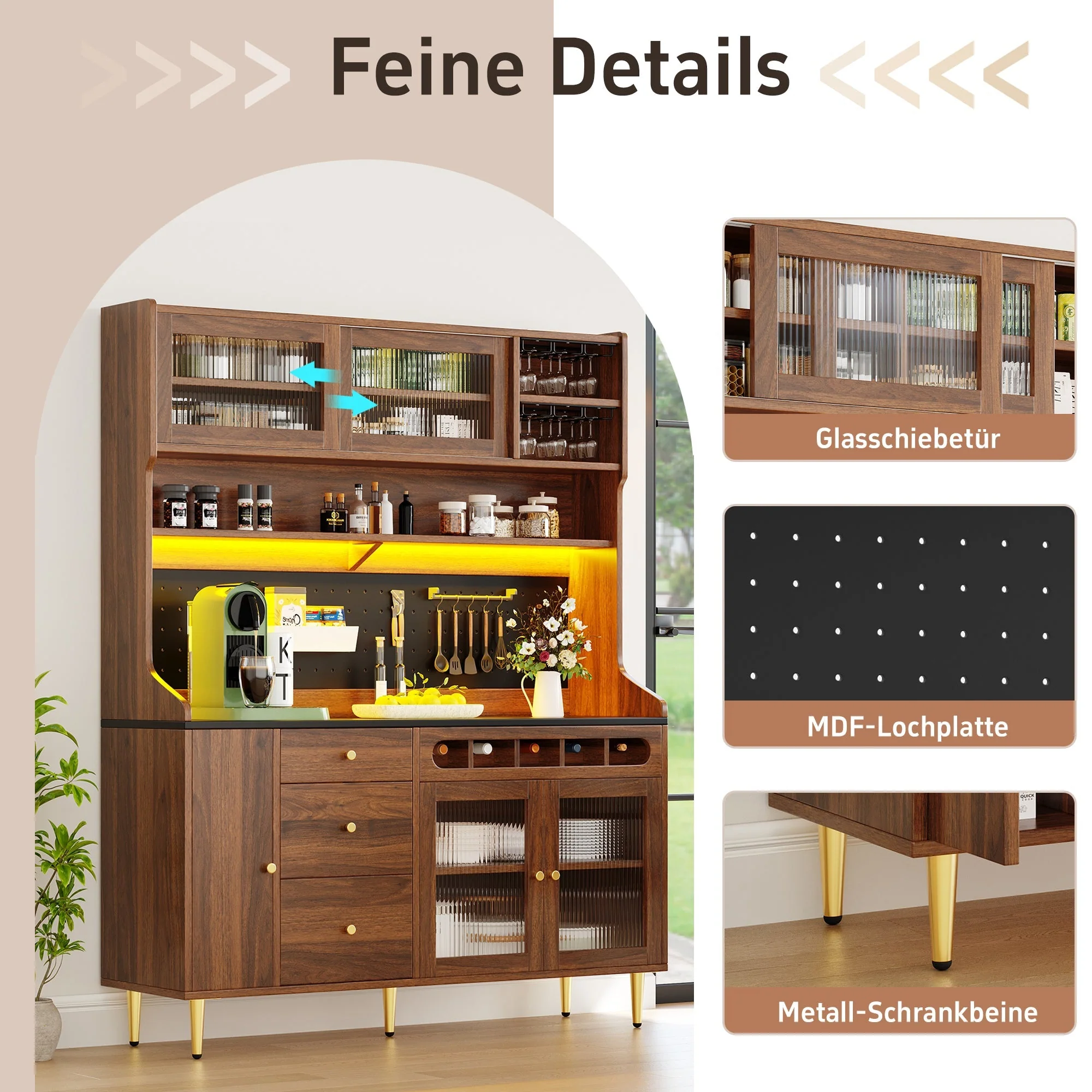 Tall Cabinet LED Lighting Wine Rack Adjustable Shelves 145x39x171cm Walnut Color - Image 9