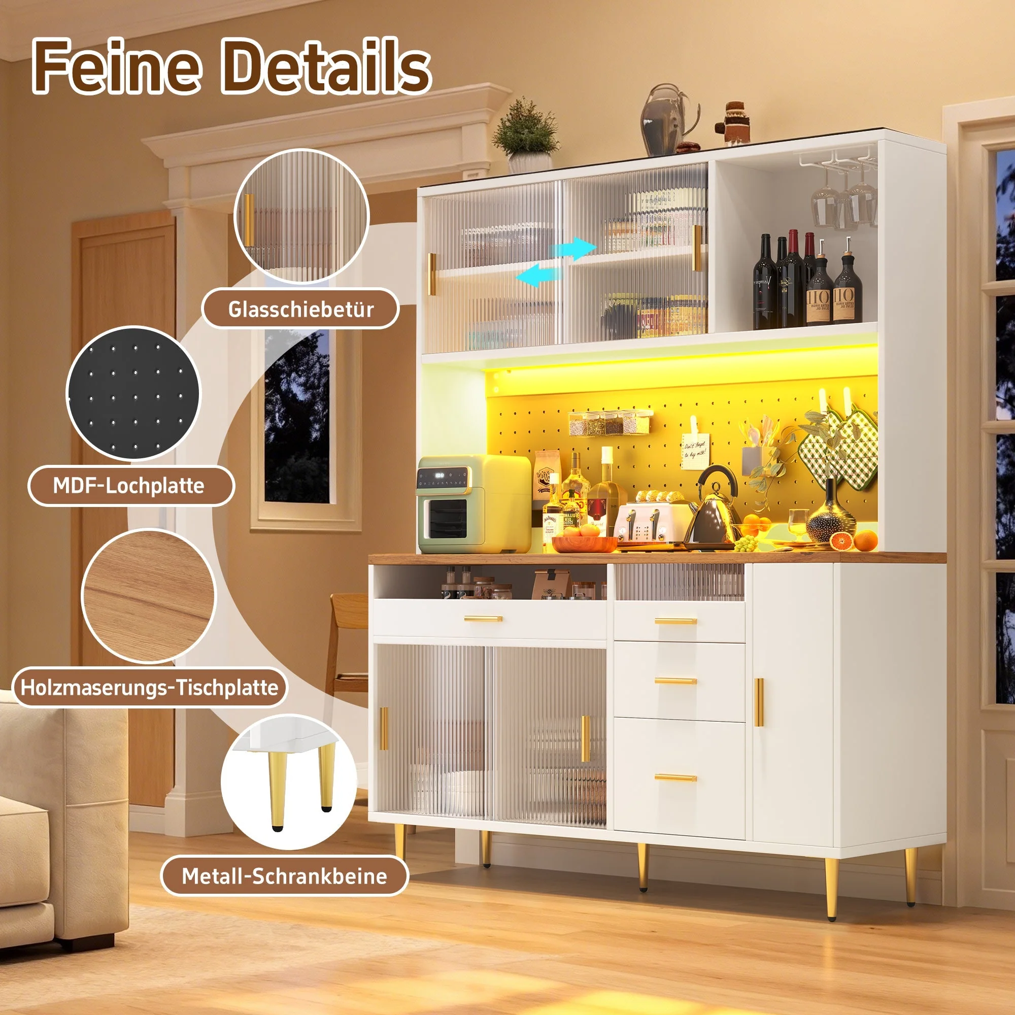 Tall Cabinet with LED Lighting and Pegboard Shelves, White - Image 9