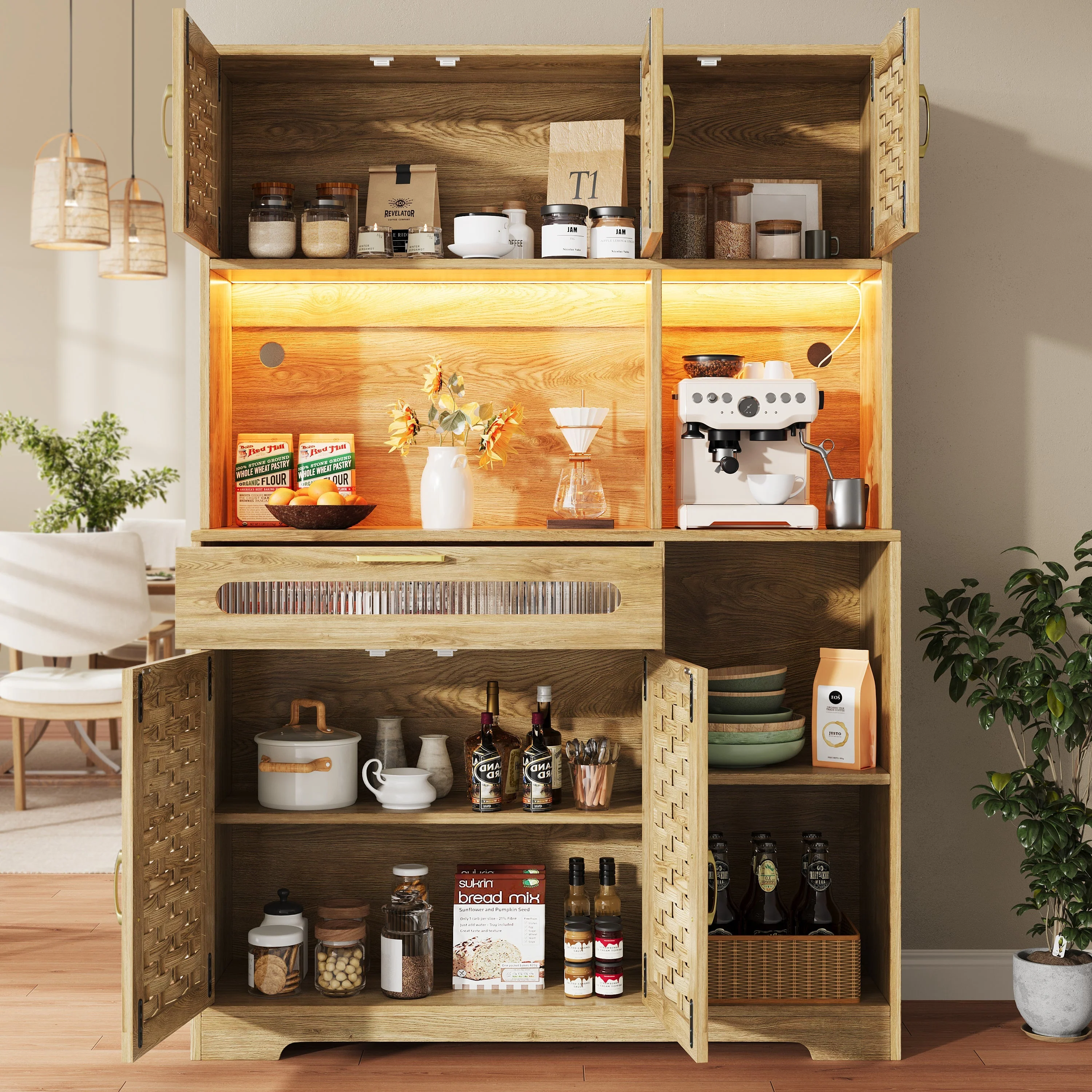 Tall Display Cabinet 120x40x180cm with LED Drawers Woven Doors - MDF - Image 3