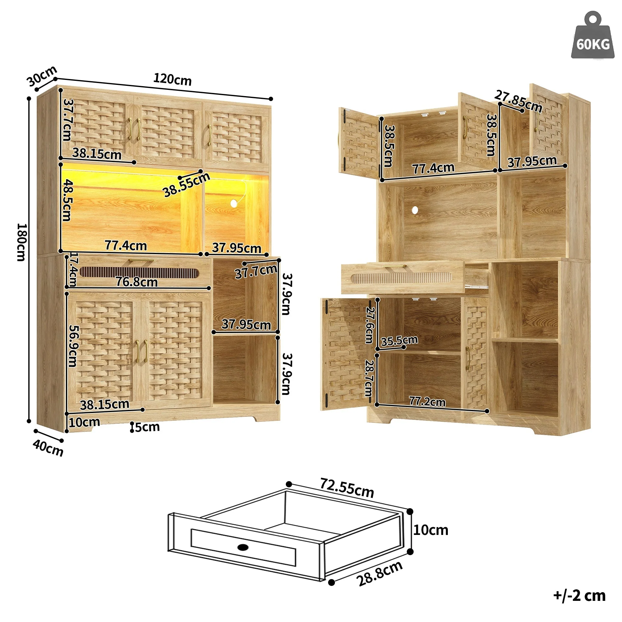 Tall Display Cabinet 120x40x180cm with LED Drawers Woven Doors - MDF - Image 4
