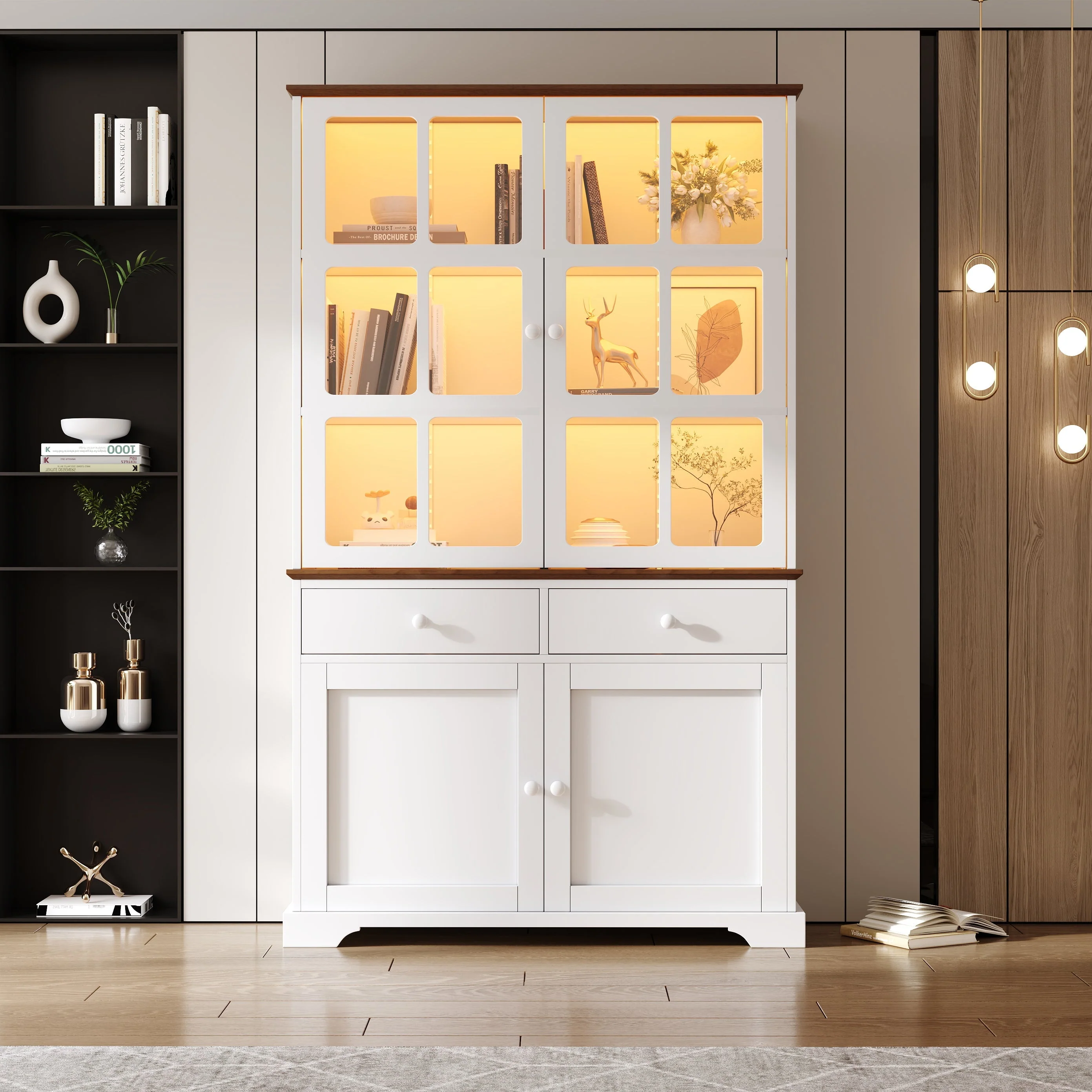 Tall Display Cabinet Glass Doors 2 Drawers LED Lighting White - Image 5