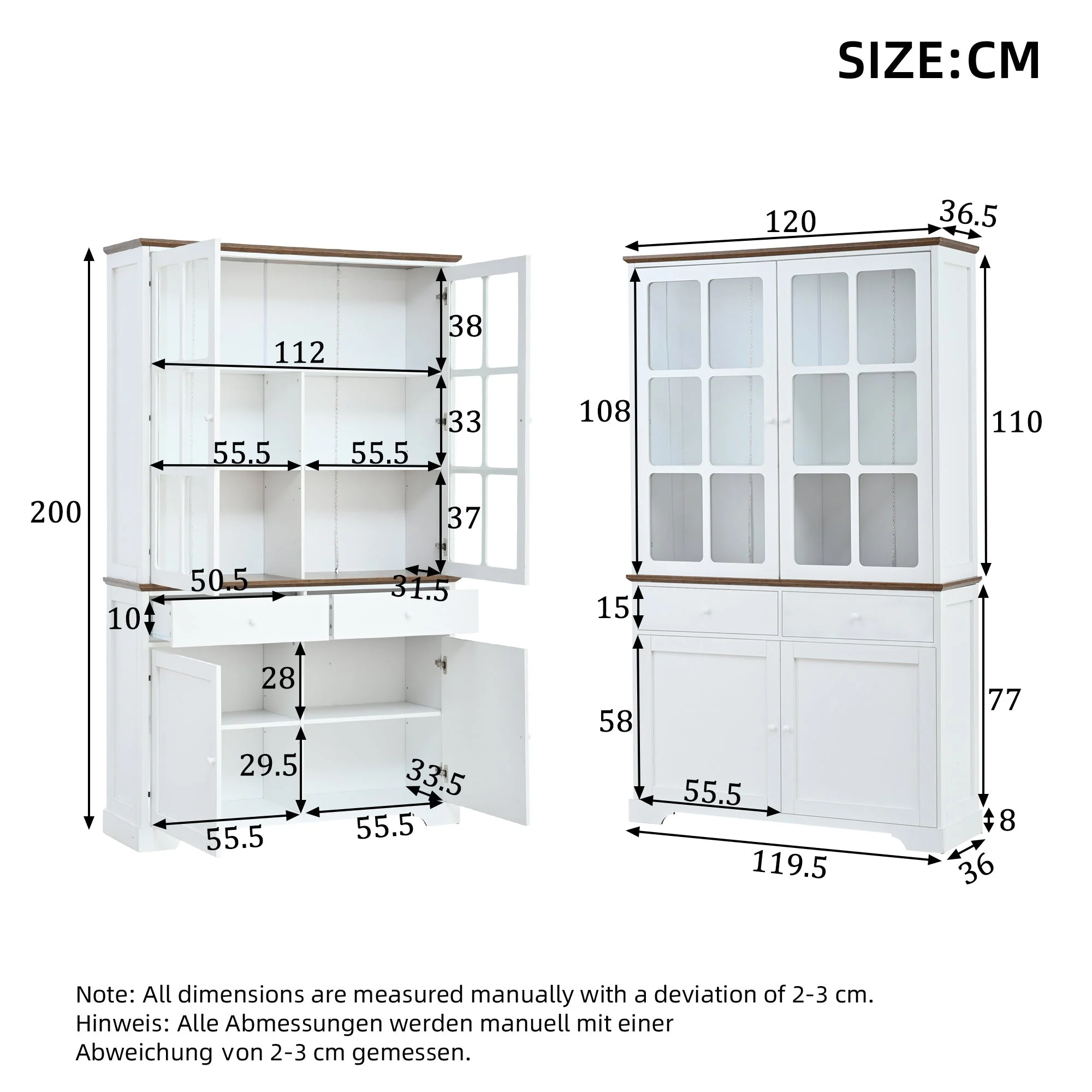 Tall Display Cabinet Glass Doors 2 Drawers LED Lighting White - Image 7