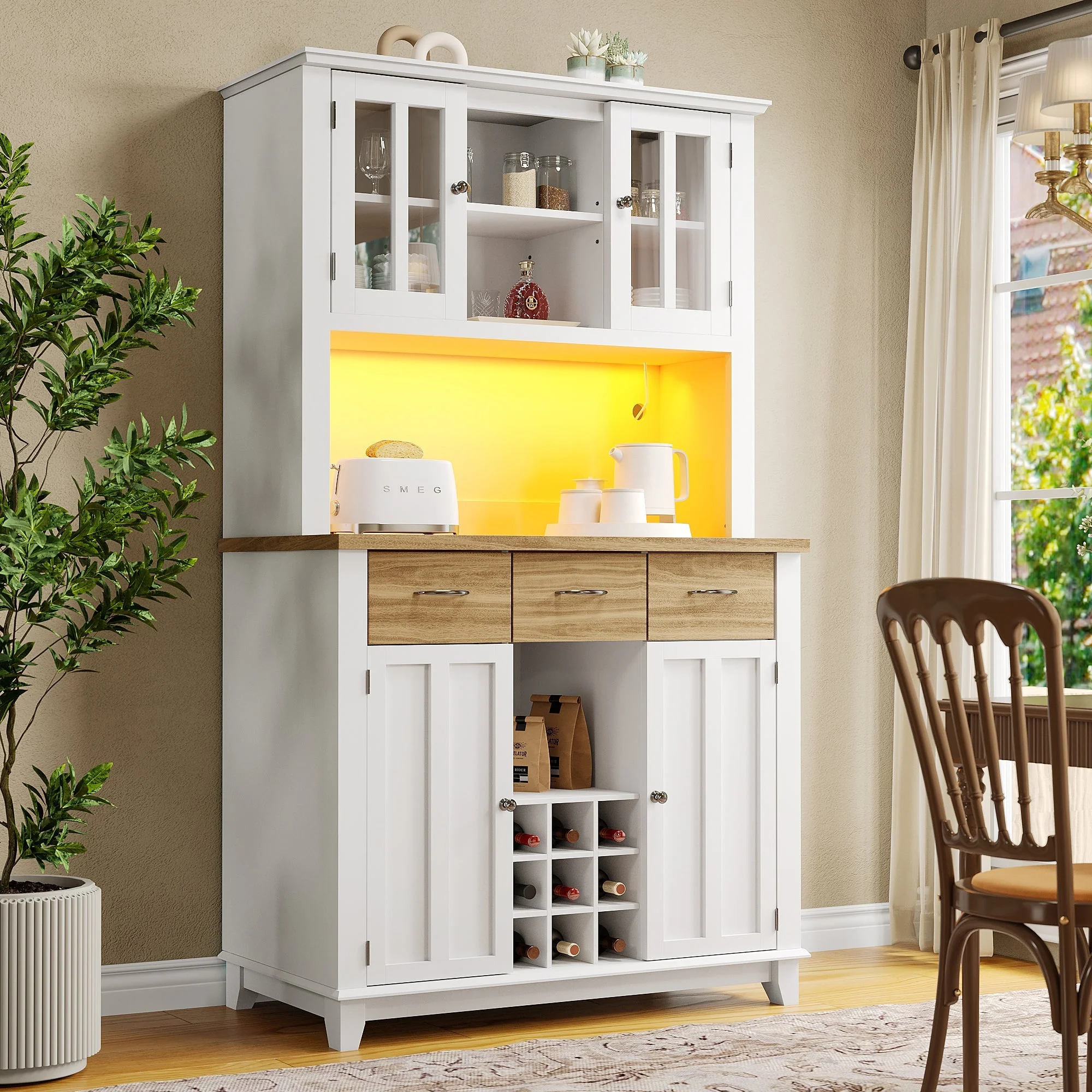 Tall Kitchen Buffet Display Cabinet Adjustable Shelves LED Lighting Wood-Colored Drawers - Image 2
