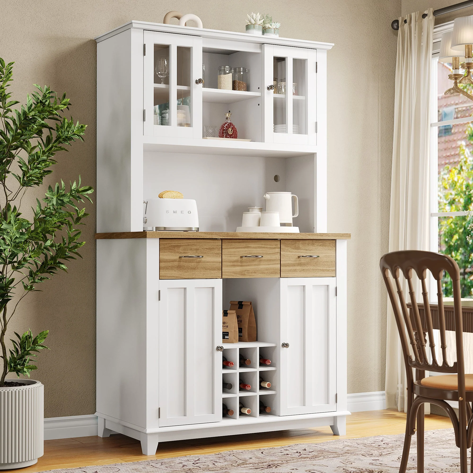Tall Kitchen Buffet Display Cabinet with LED Lighting, Adjustable Shelves, Wood - Image 4