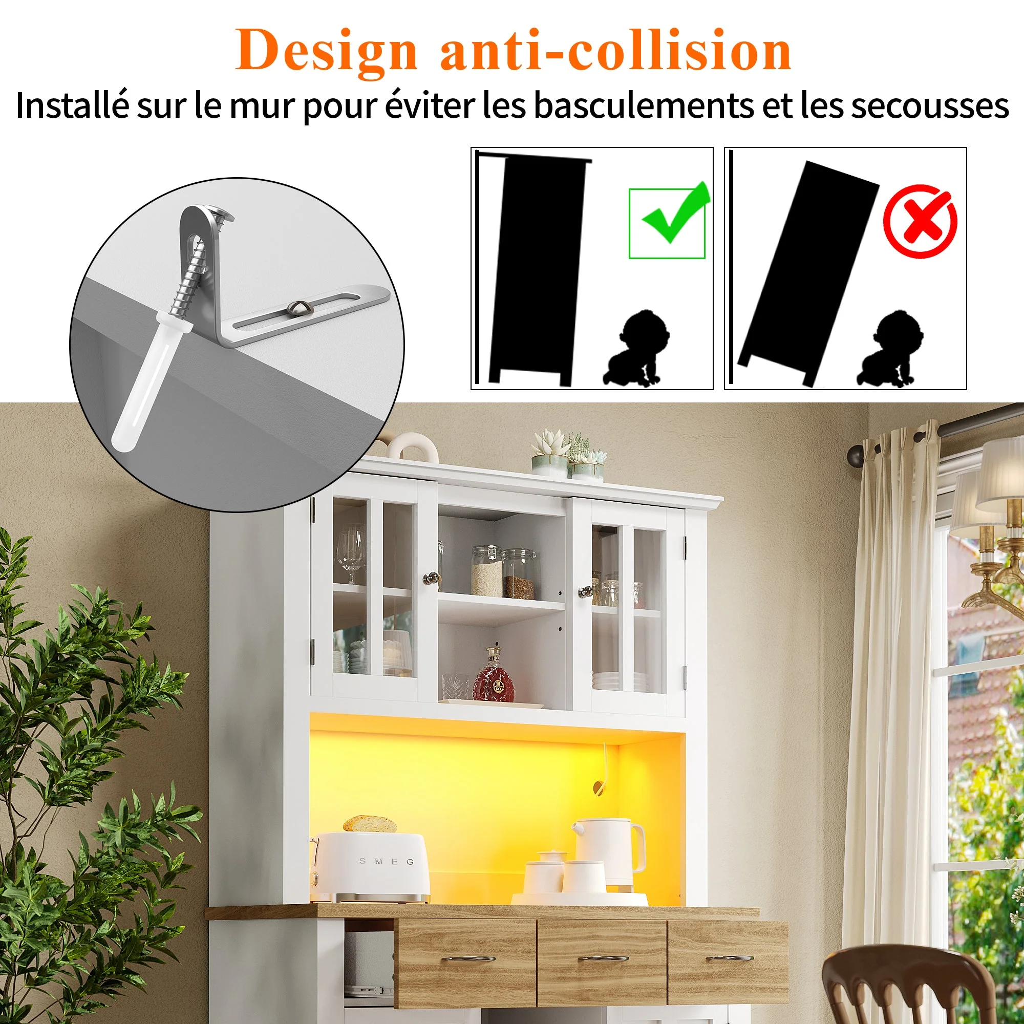 Tall Kitchen Buffet Display Cabinet with LED Lighting, Adjustable Shelves, Wood - Image 9