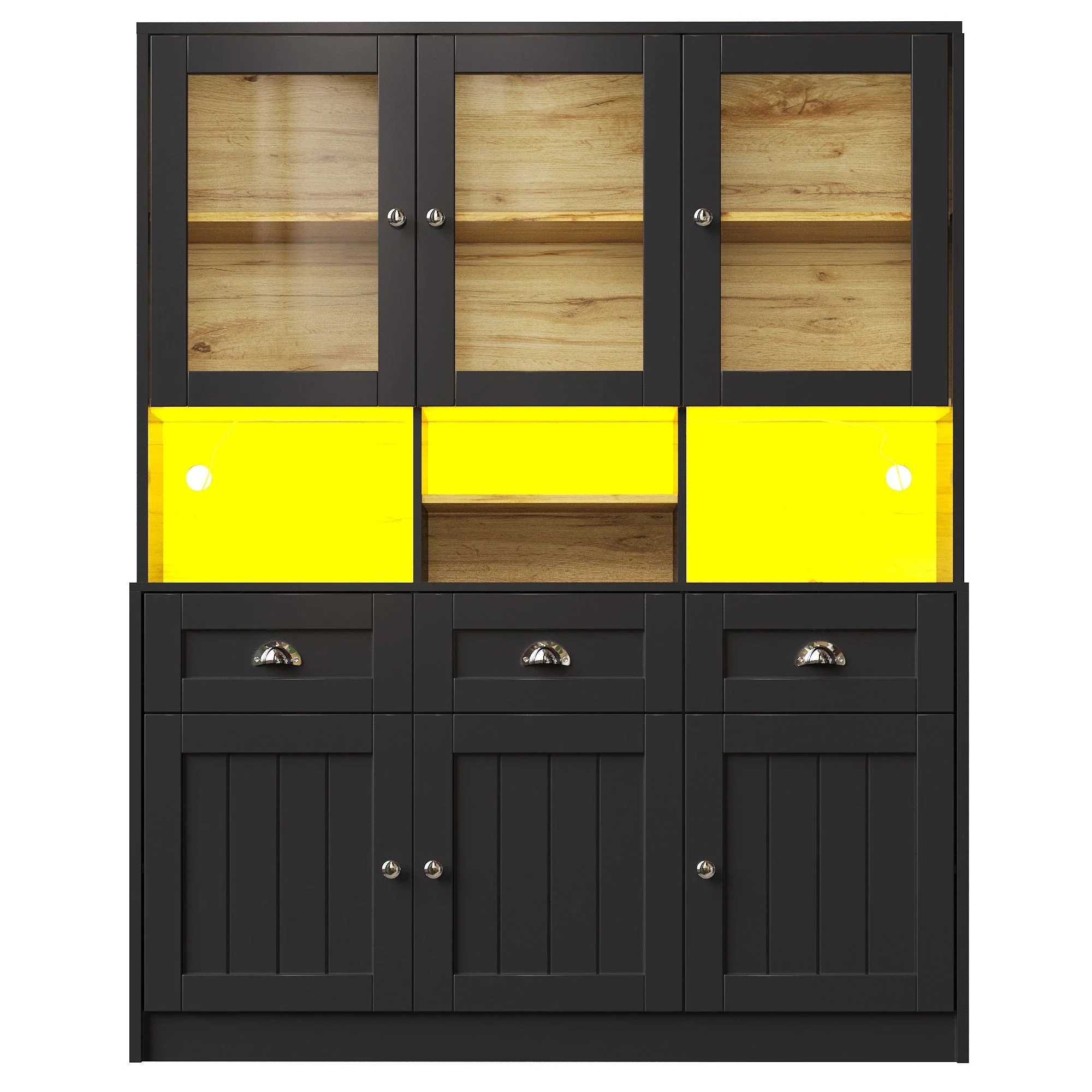 Tall Kitchen Cabinet 140x40x175cm Display Buffet Adjustable Shelves LED - White/Black - Image 6
