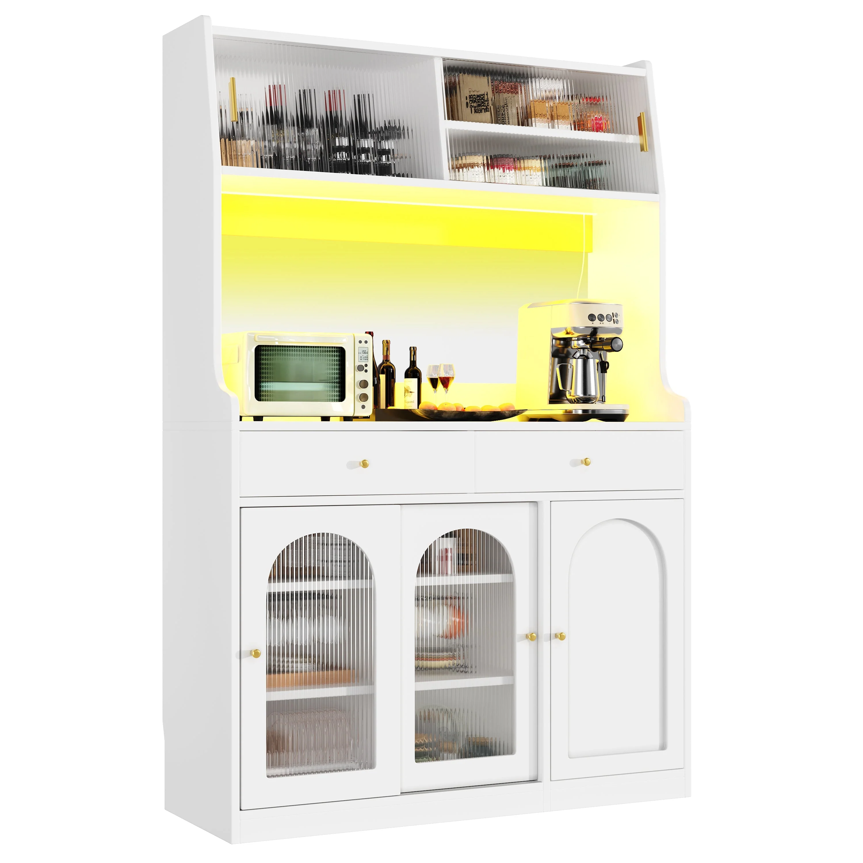 Tall Kitchen Cabinet Buffet Sideboard, Display Storage Adjustable Shelves 2 Drawers LED Lighting - White - Image 7