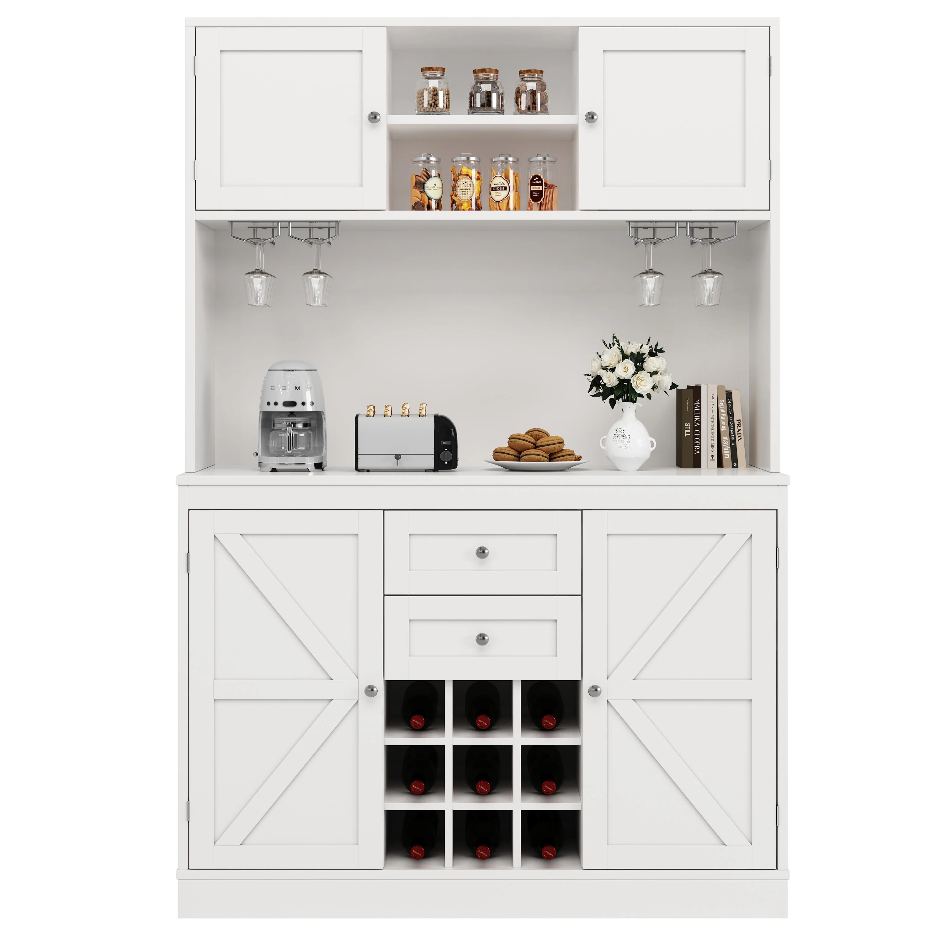 Tall Kitchen Cabinet Buffet Wine Rack Adjustable Shelves 4 Doors 2 Drawers - White - Image 7