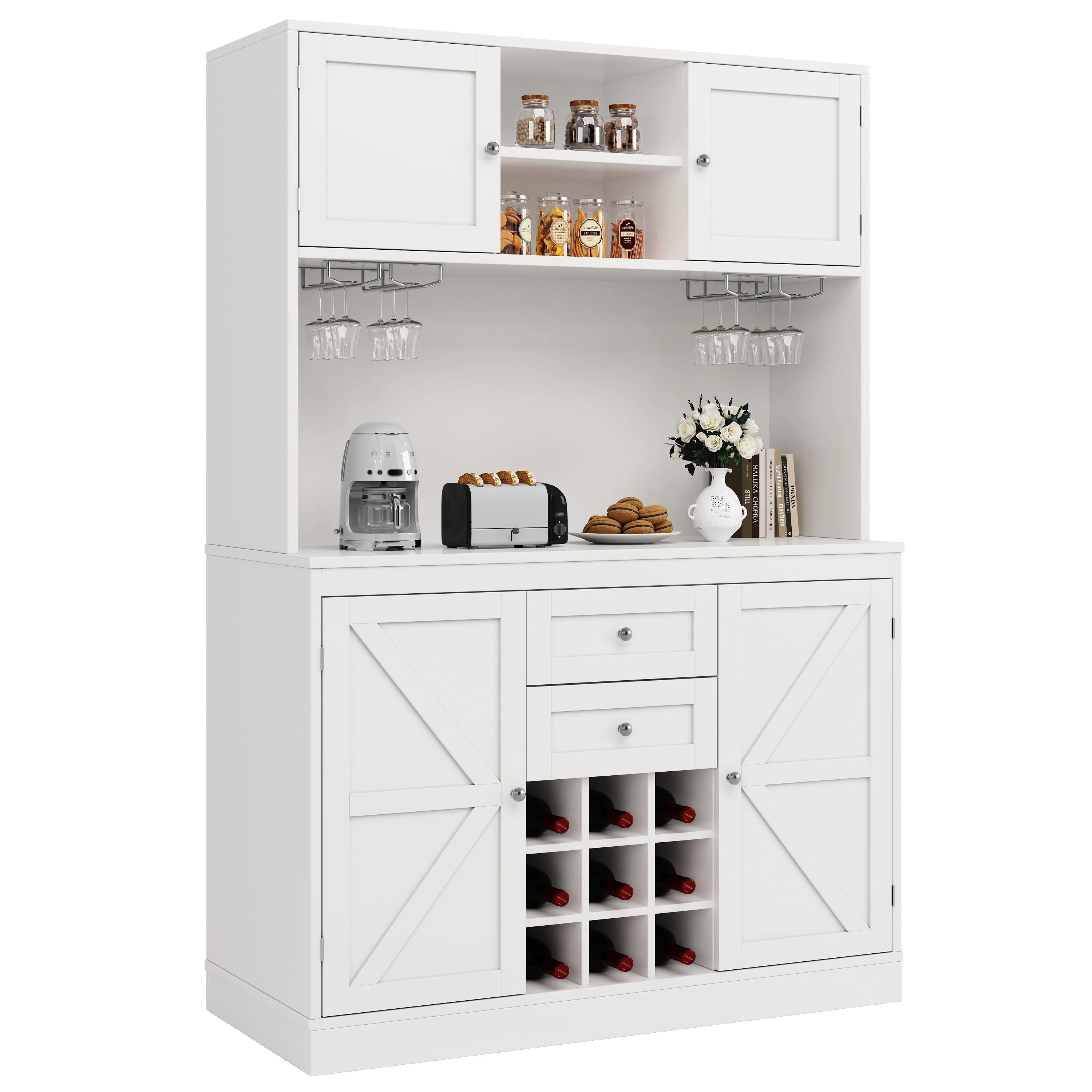 Tall Kitchen Cabinet Buffet with Adjustable Shelves Wine Rack 4 Doors 2 Drawers - White - Image 9