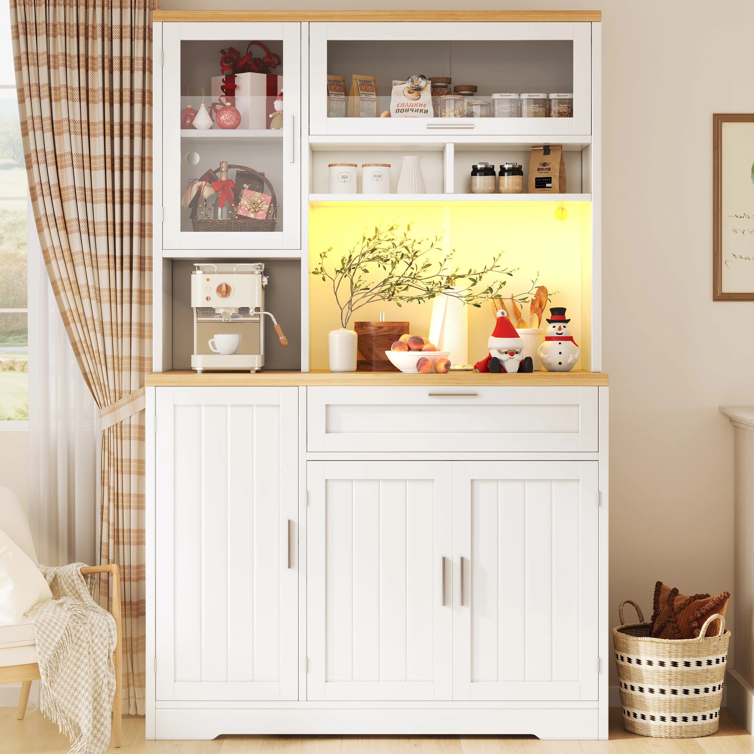 Tall Kitchen Cabinet Display Case with LED Lighting and Glass Doors, White and Black - Image 3